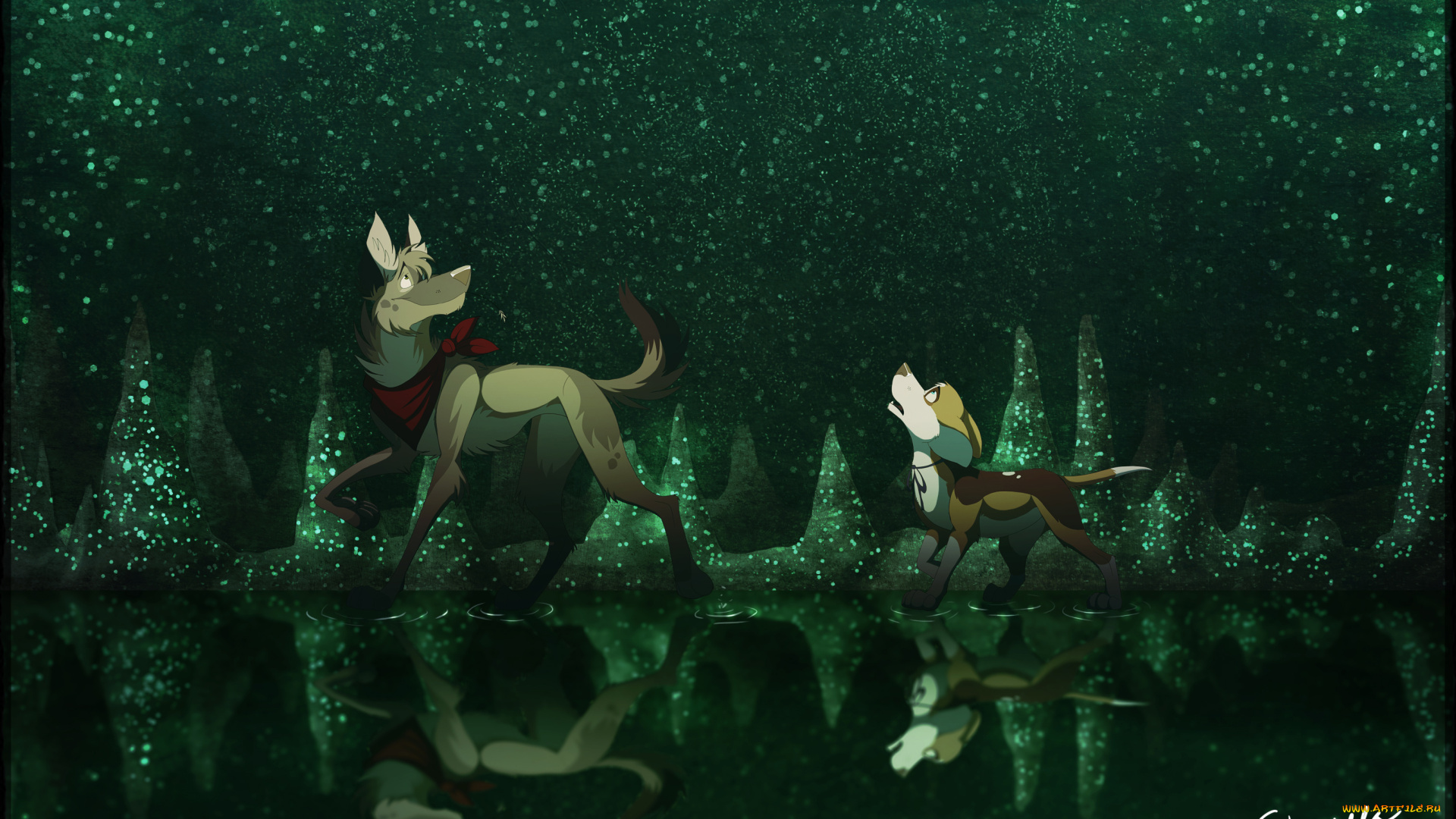 рисованное, животные, , собаки, собака, щенок, река, ображение