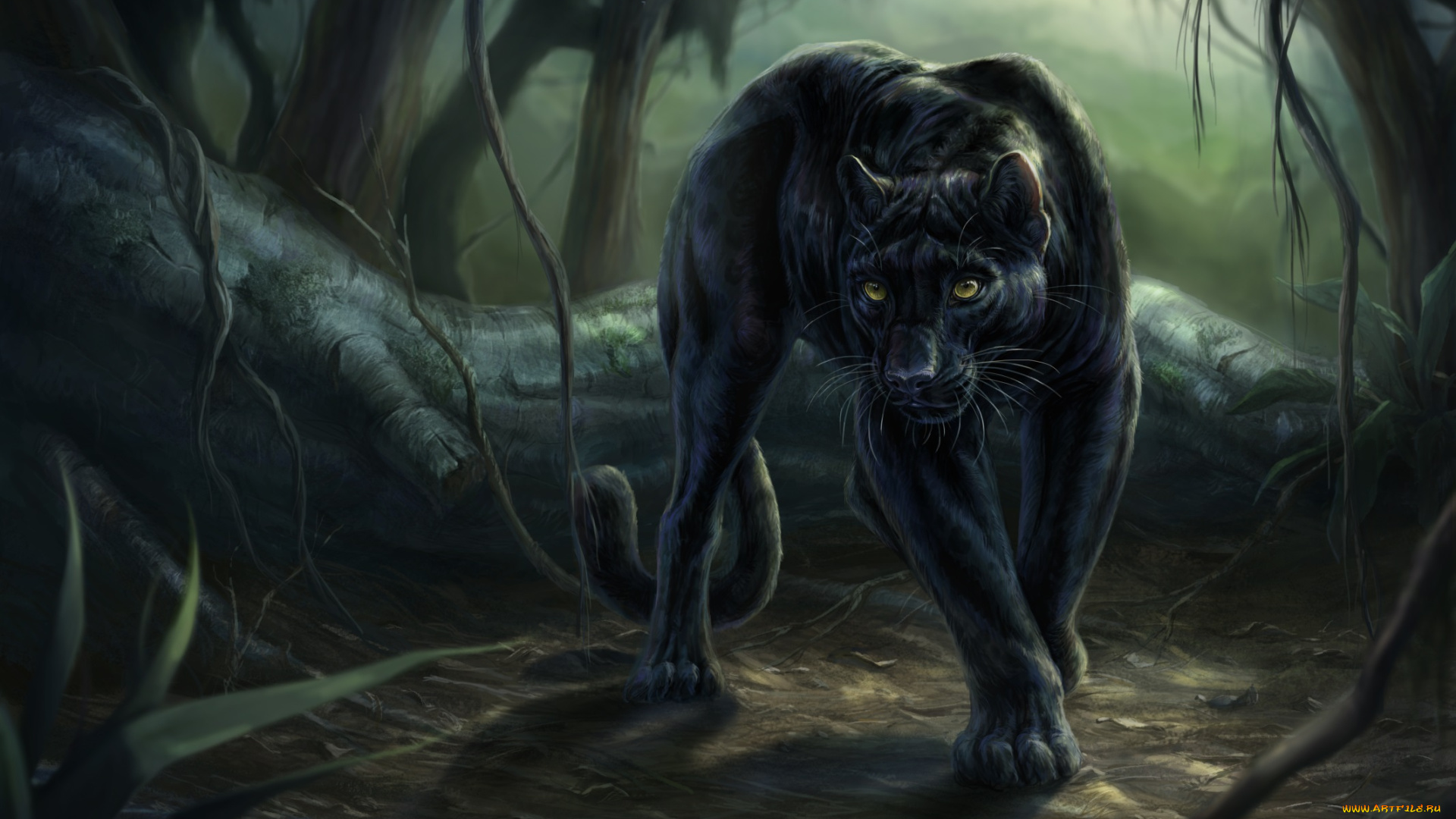 рисованное, животные, лес, взгляд, пантера