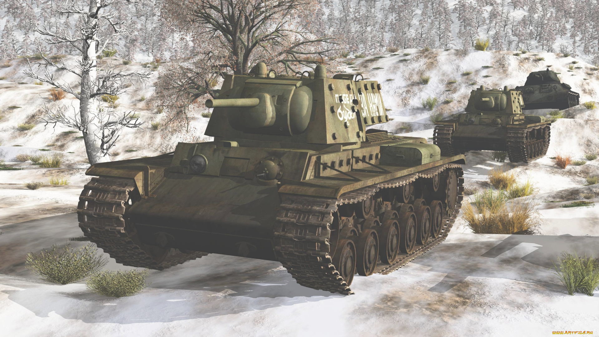 техника, 3d, лес, снег, зима, танки