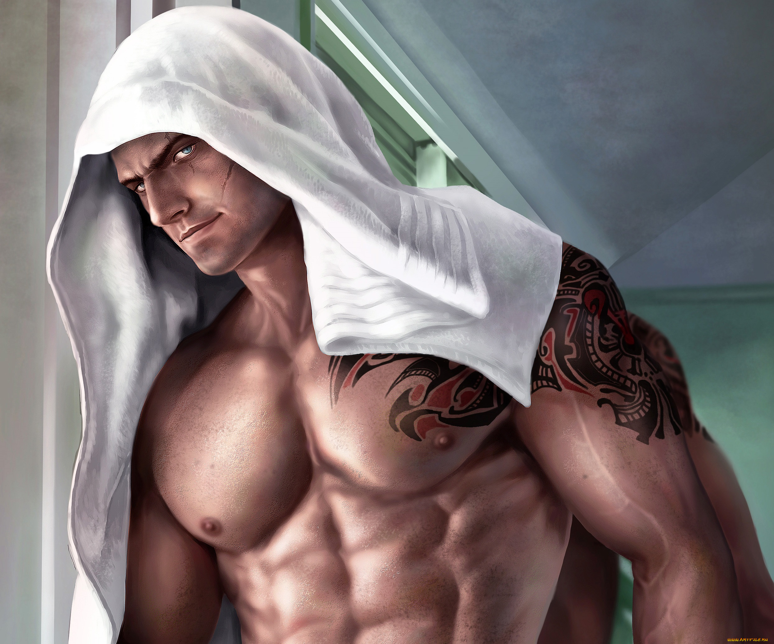 рисованное, люди, парень, мужчина, торс, мускулы, полотенце