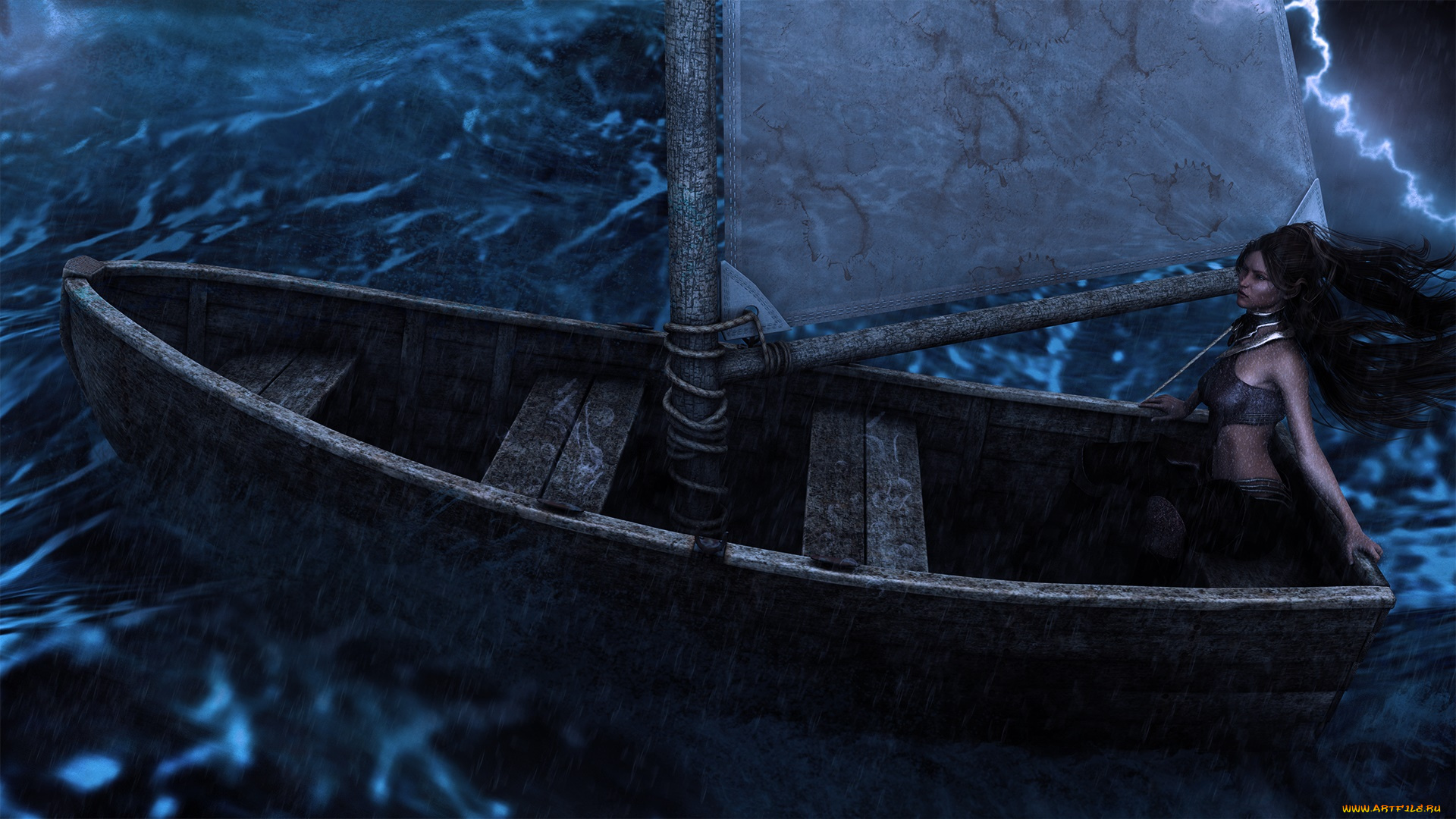 3д, графика, люди, , people, девушка, взгляд, фон, море, лодка