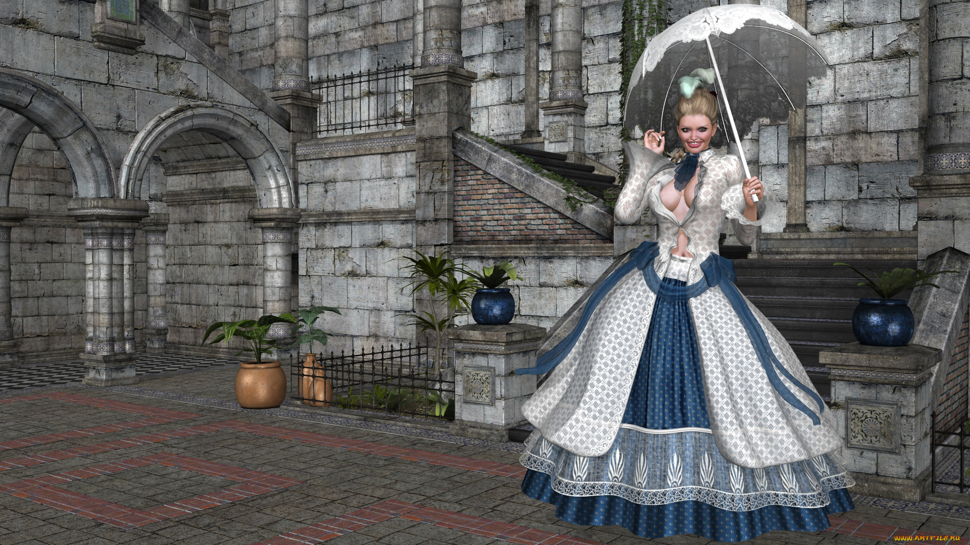 3д, графика, люди, , people, улыбка, фон, девушка, взгляд, зонтик