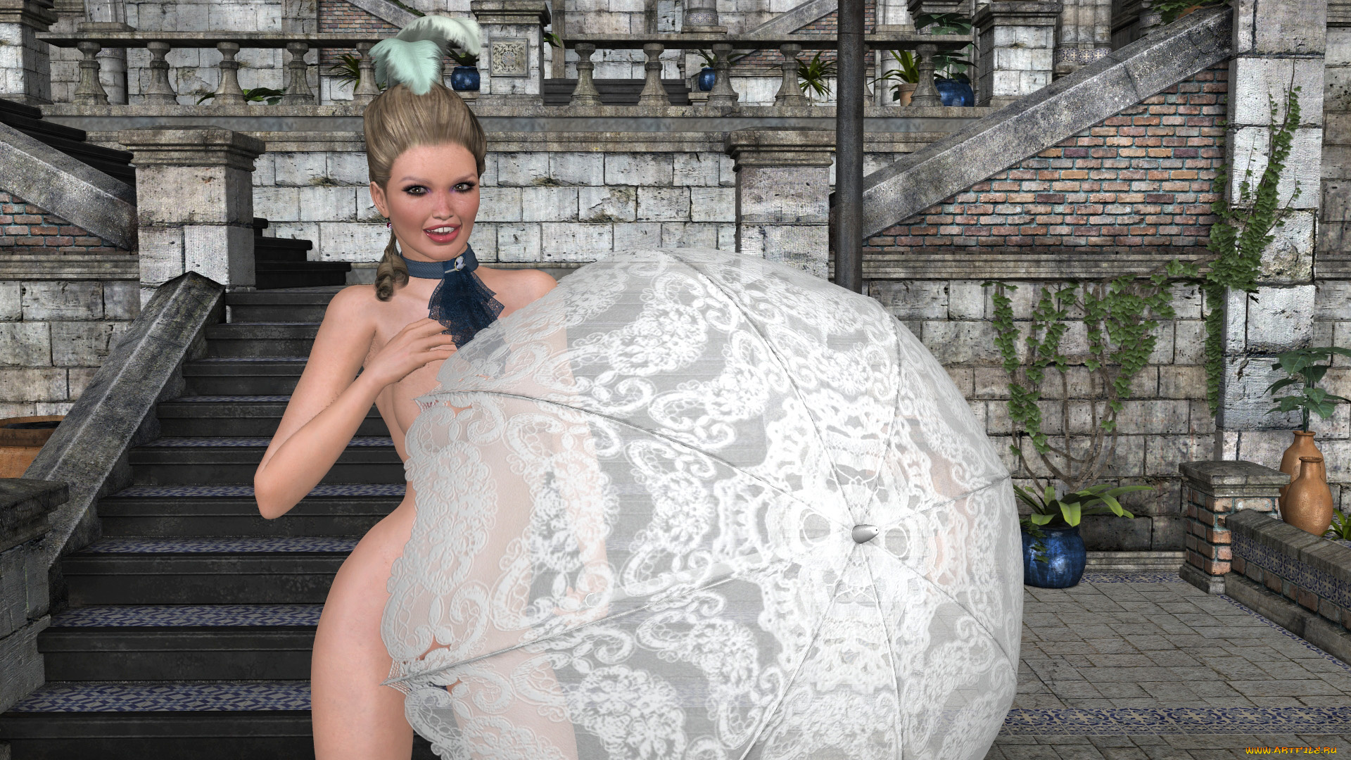 3д, графика, люди, , people, взгляд, зонтик, улыбка, фон, девушка