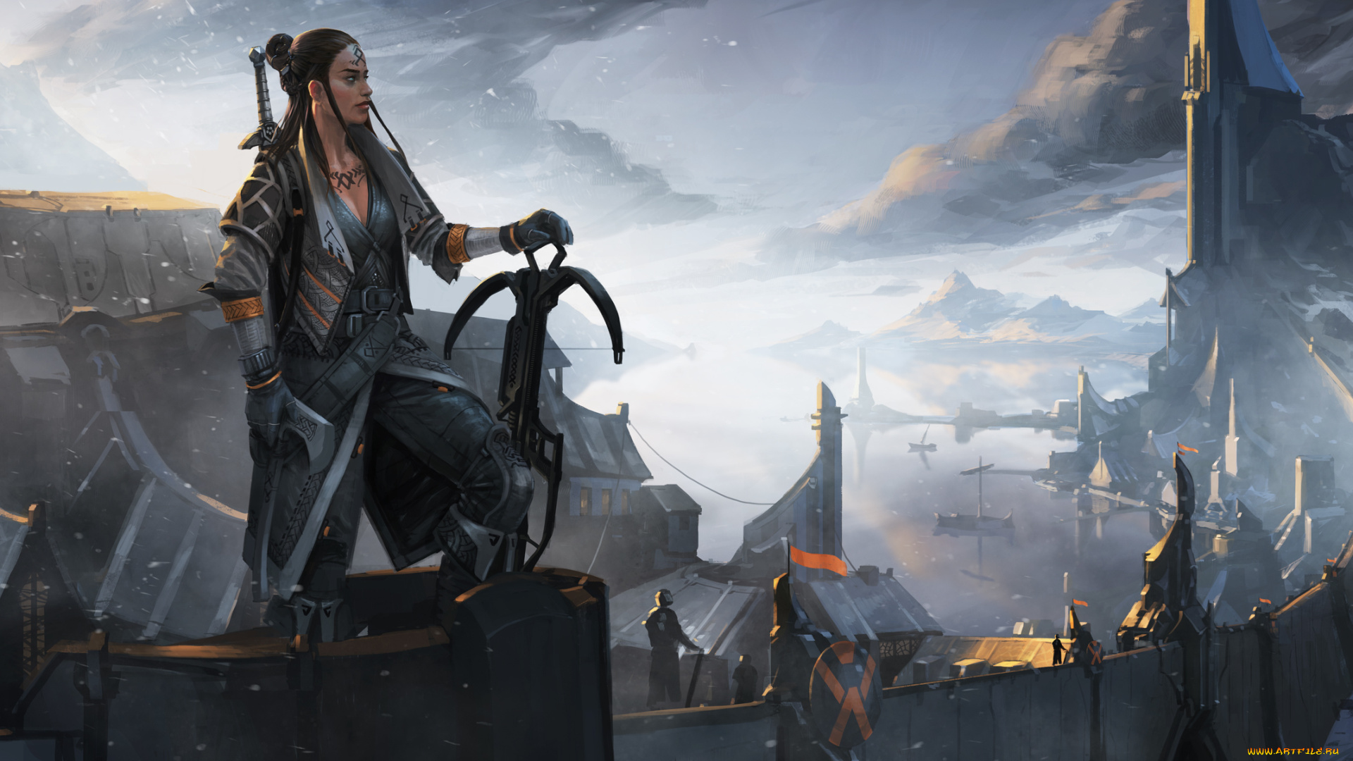 фэнтези, девушки, меч, арбалет, крепость, гора, воин, девушка