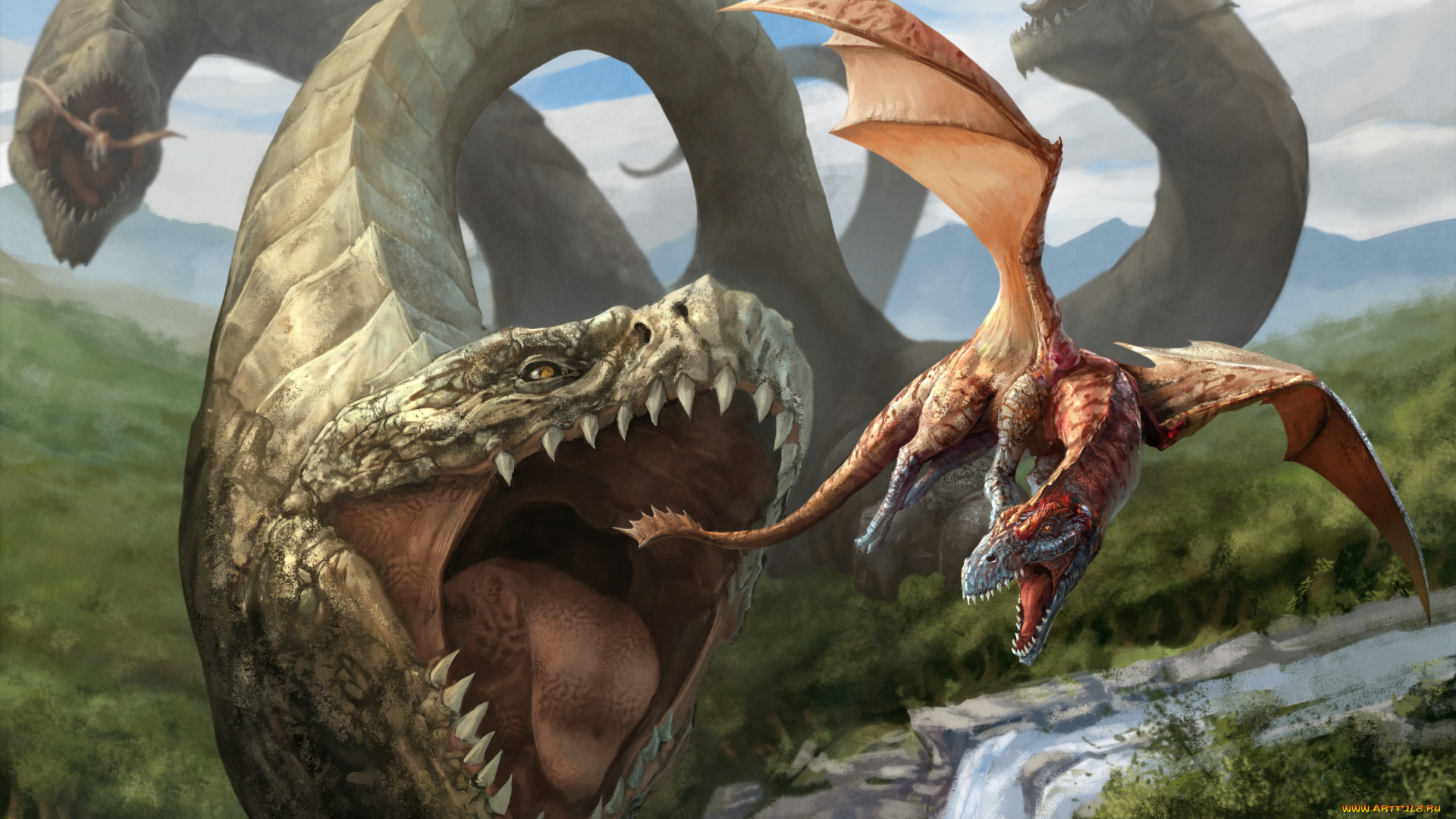 фэнтези, драконы, охота, трехглавый, арт, водопад, река, пасть, полет