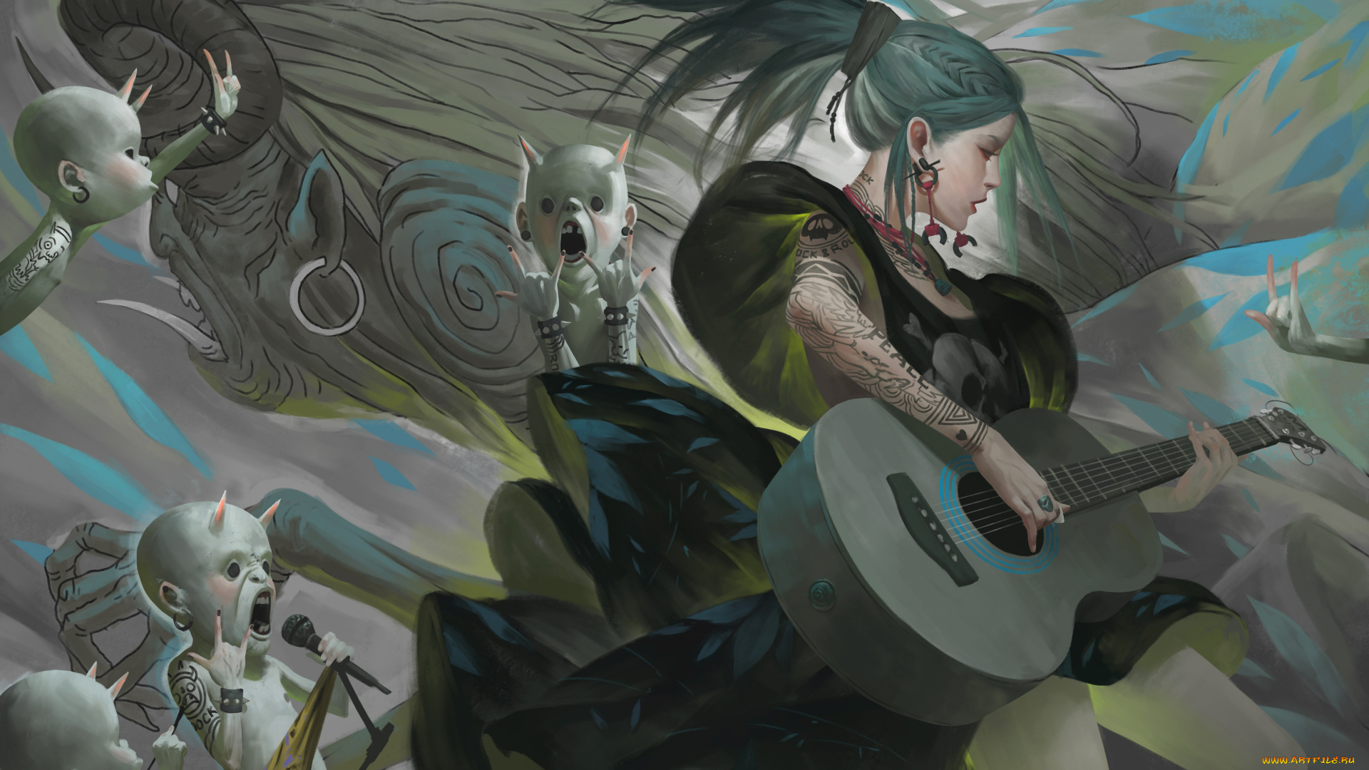 фэнтези, красавицы, и, чудовища, гитара, рок, существа, девушка