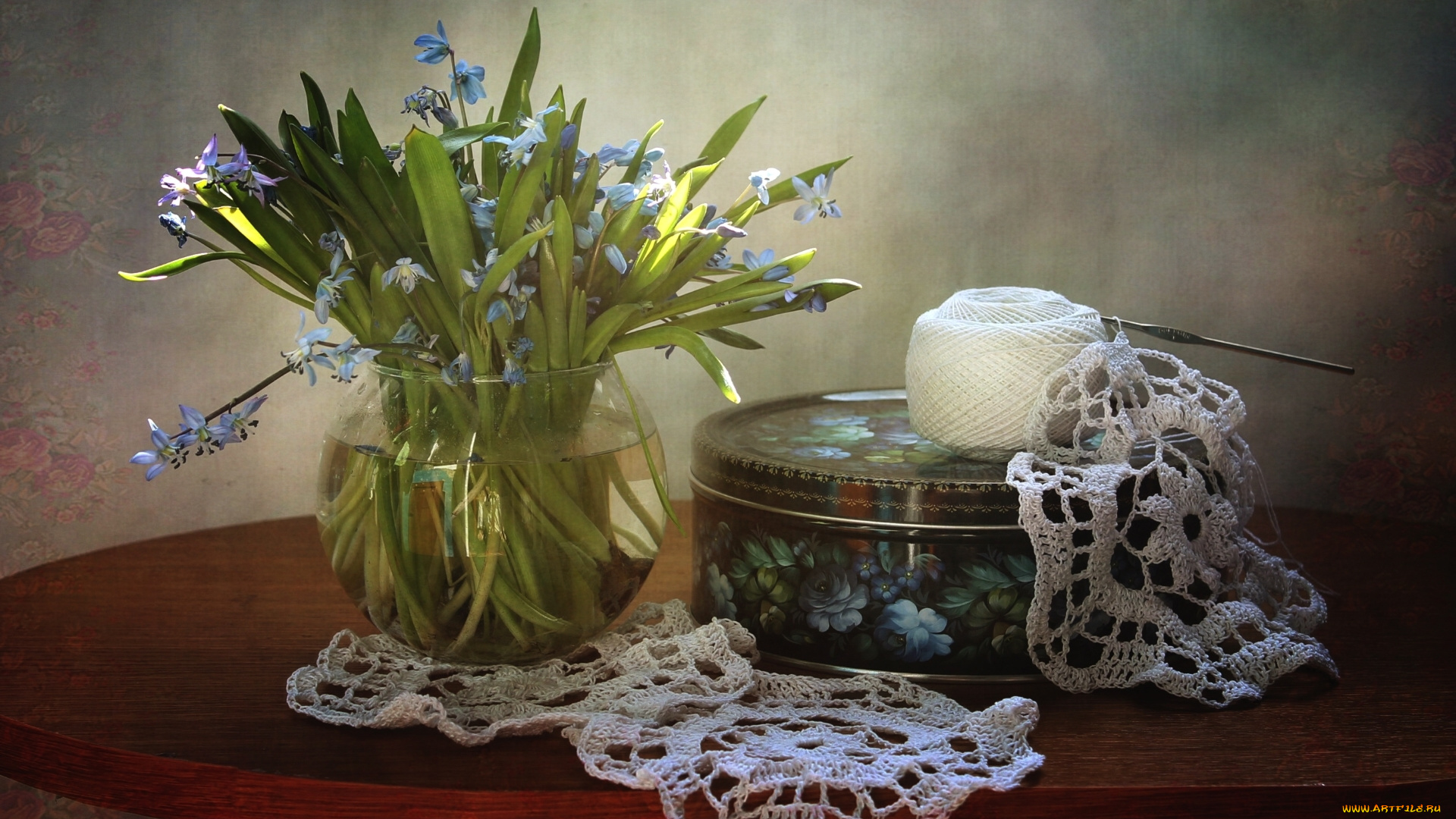 разное, ремесла, , поделки, , рукоделие, букет, шкатулка, салфетка, вязание, нитки, пролеска, первоцвет