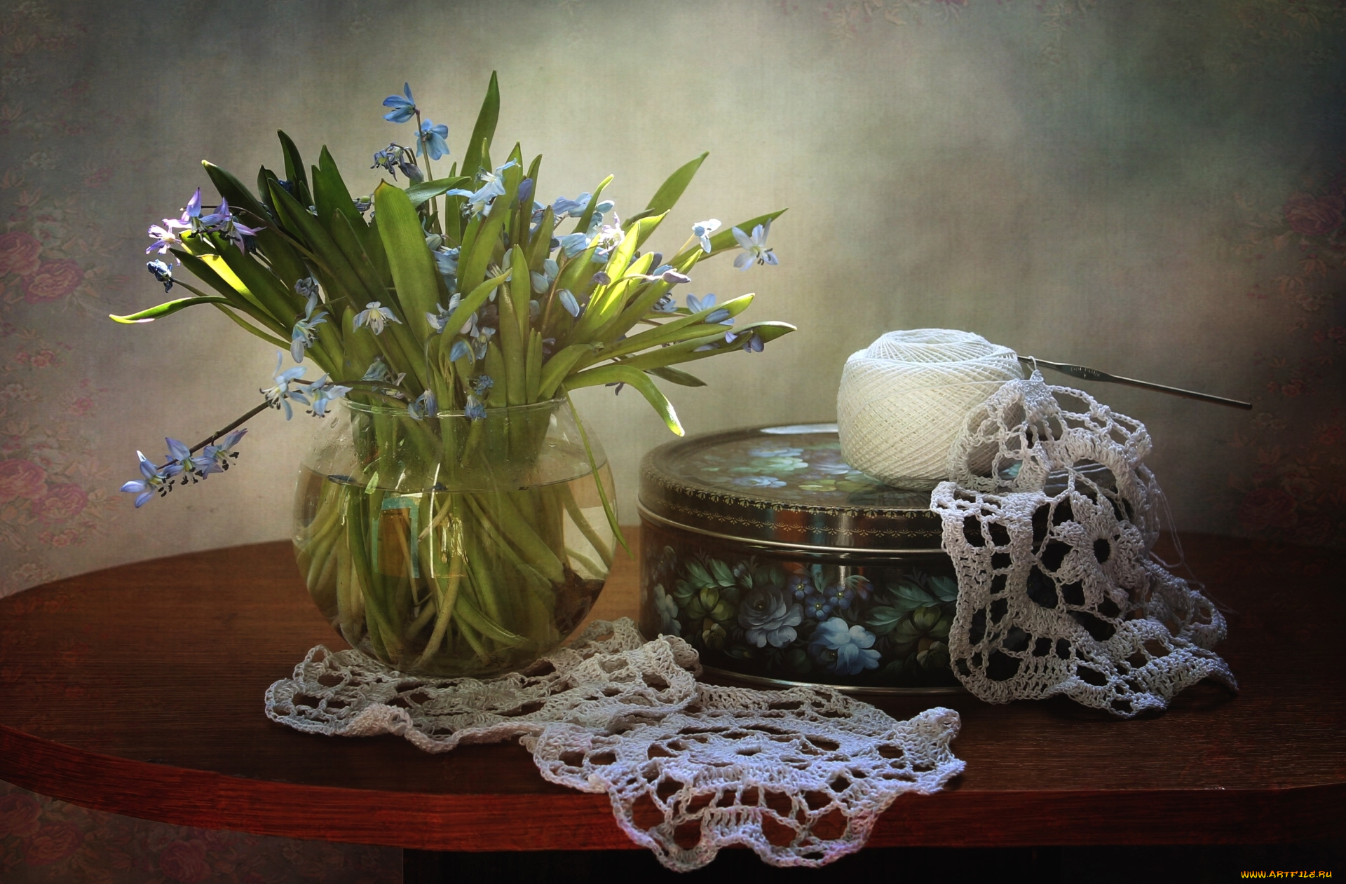 разное, ремесла, , поделки, , рукоделие, букет, шкатулка, салфетка, вязание, нитки, пролеска, первоцвет