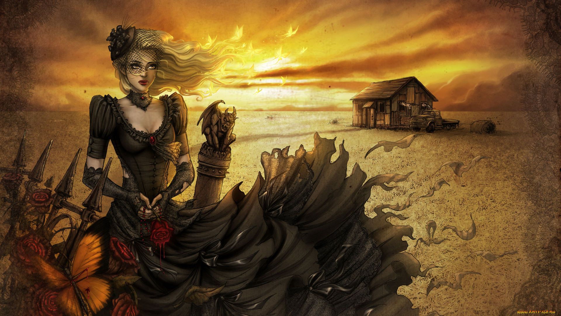 рисованное, люди, прерия, машина, слёзы, дом, платье, девушка