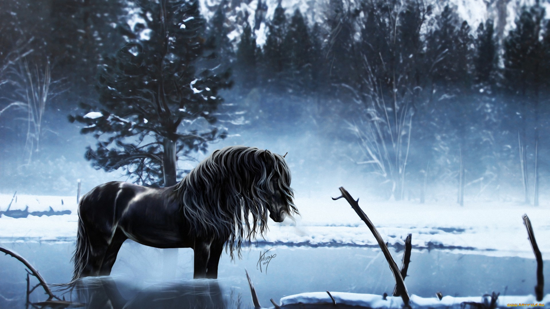 рисованное, животные, чёрный, водопой, лес, лошадь, вода, конь