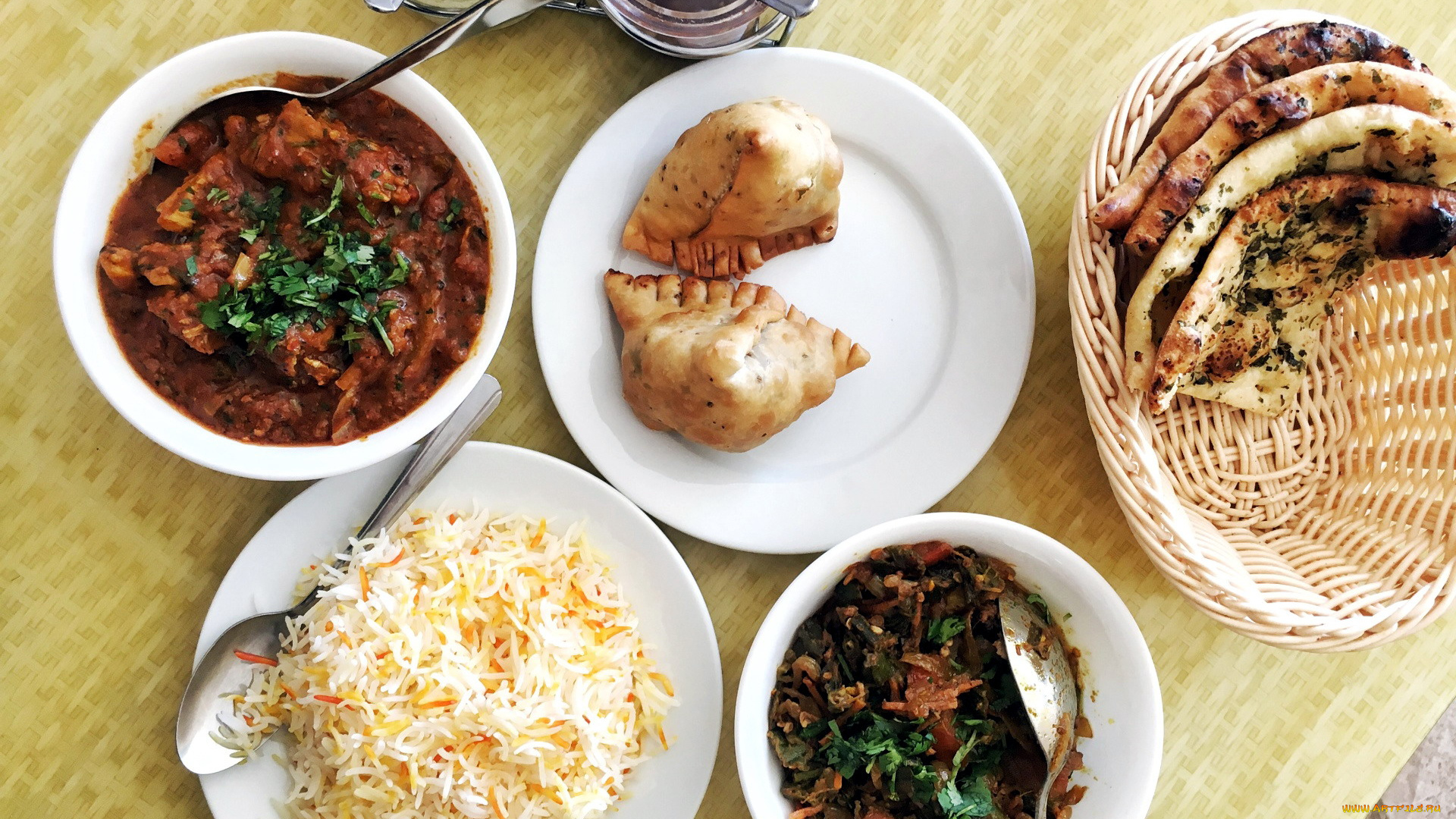 еда, разное, лепешки, салат, индийская, кухня, суп, рис