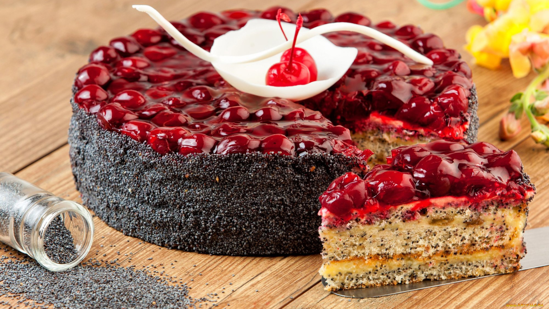 еда, торты, вишня, мак, торт, лакомство