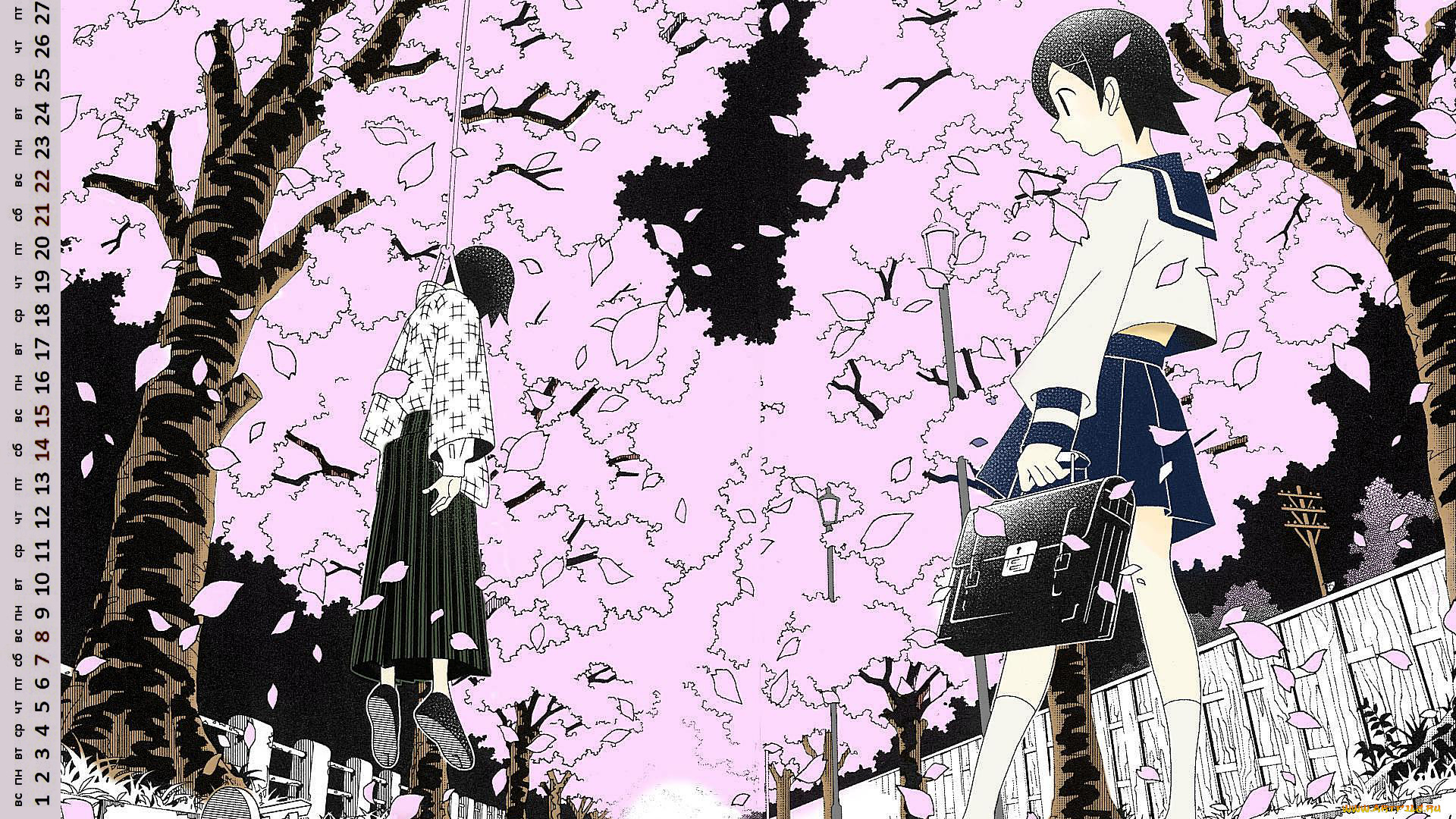 календари, аниме, дерево, взгляд, девочка