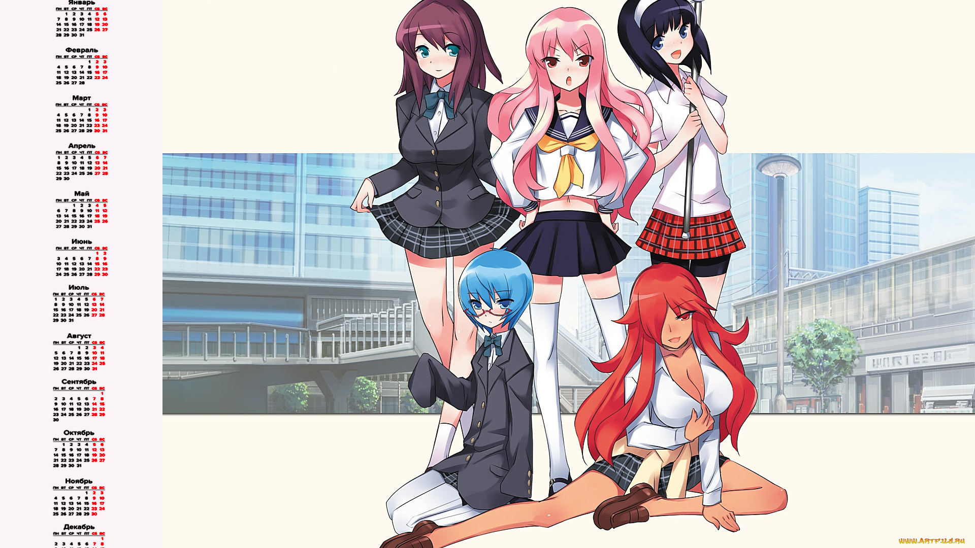 календари, аниме, взгляд, девушка, здание