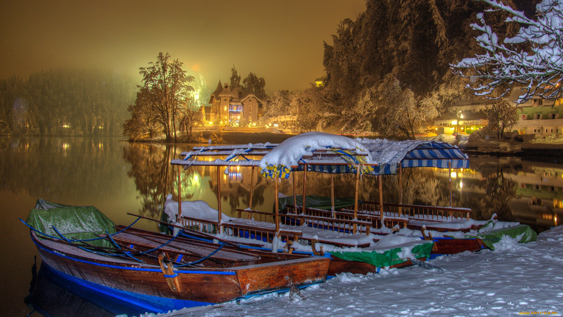 корабли, лодки, , шлюпки, озеро, снег