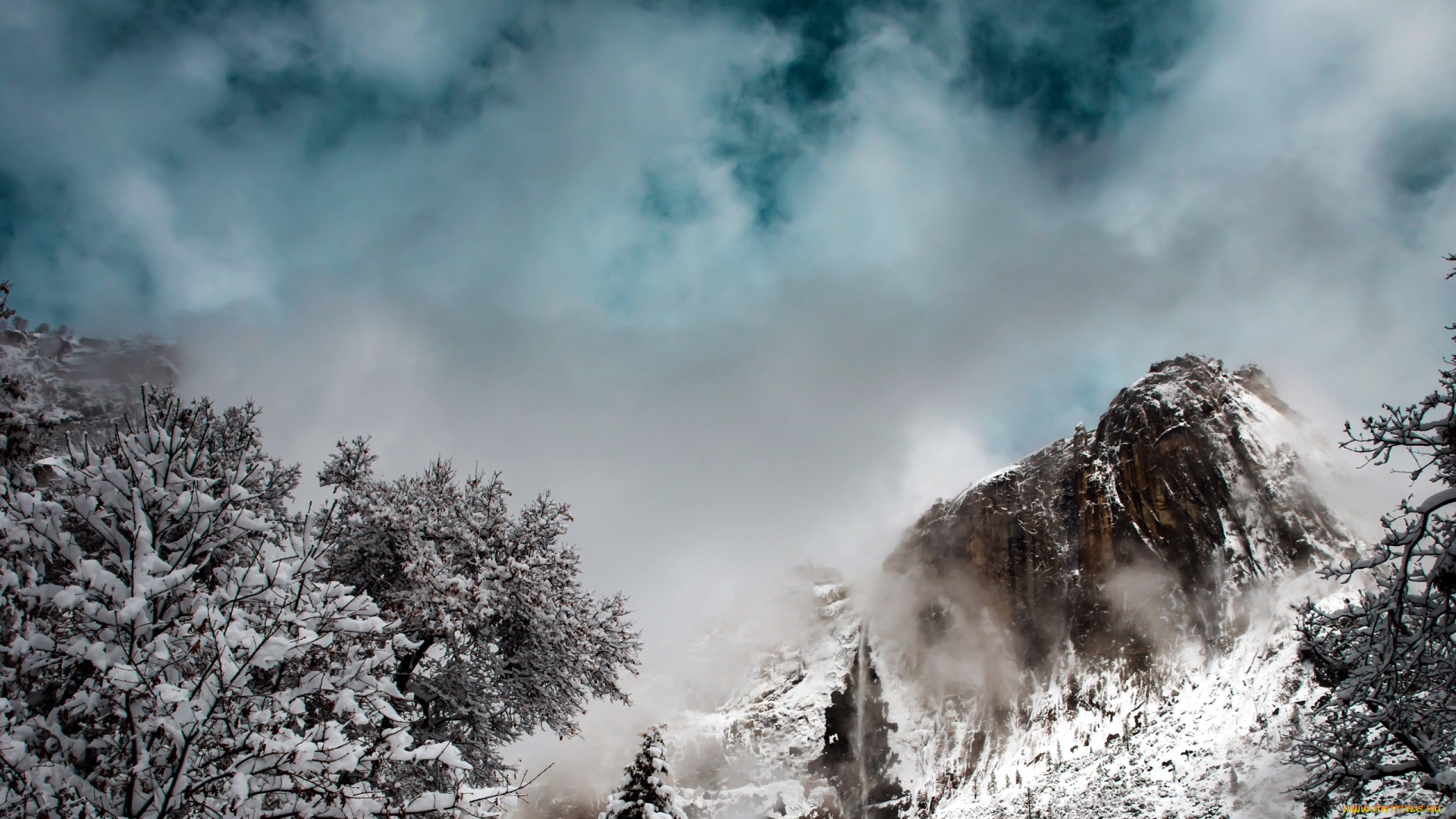 природа, горы, снег, туман, гора