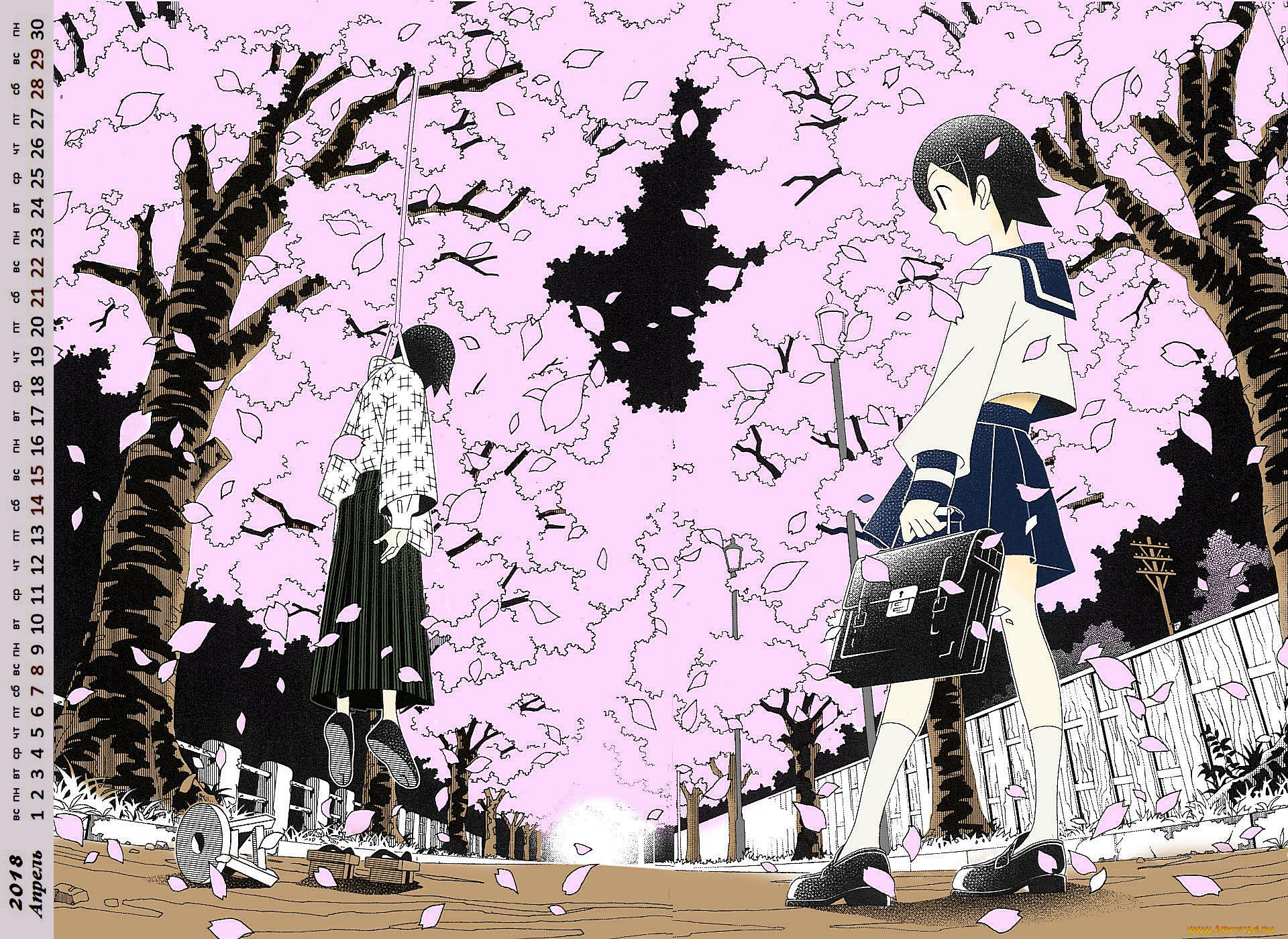 календари, аниме, дерево, взгляд, девочка