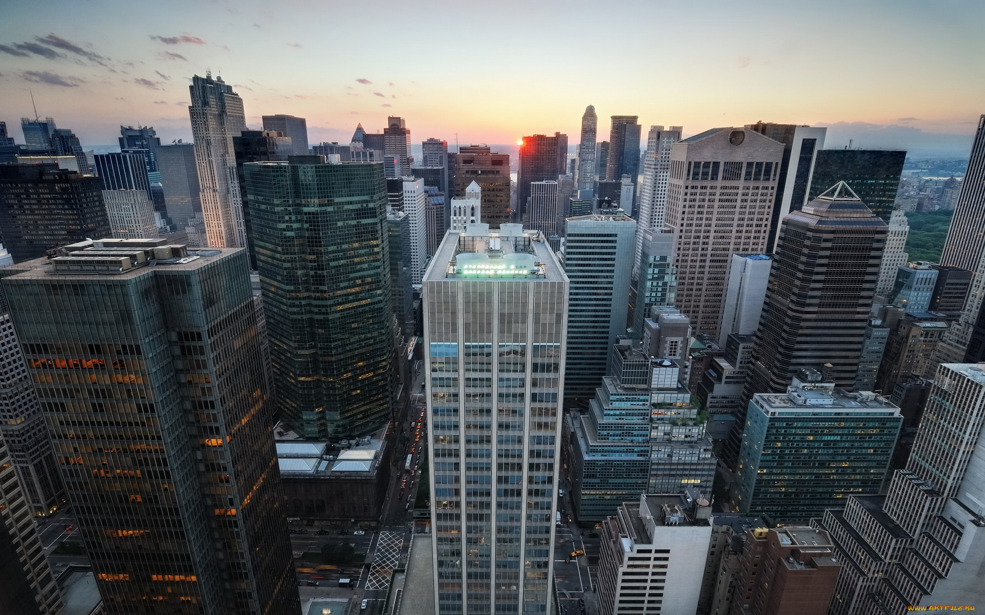 города, нью-йорк, , сша, панорама, здания, дома, закат