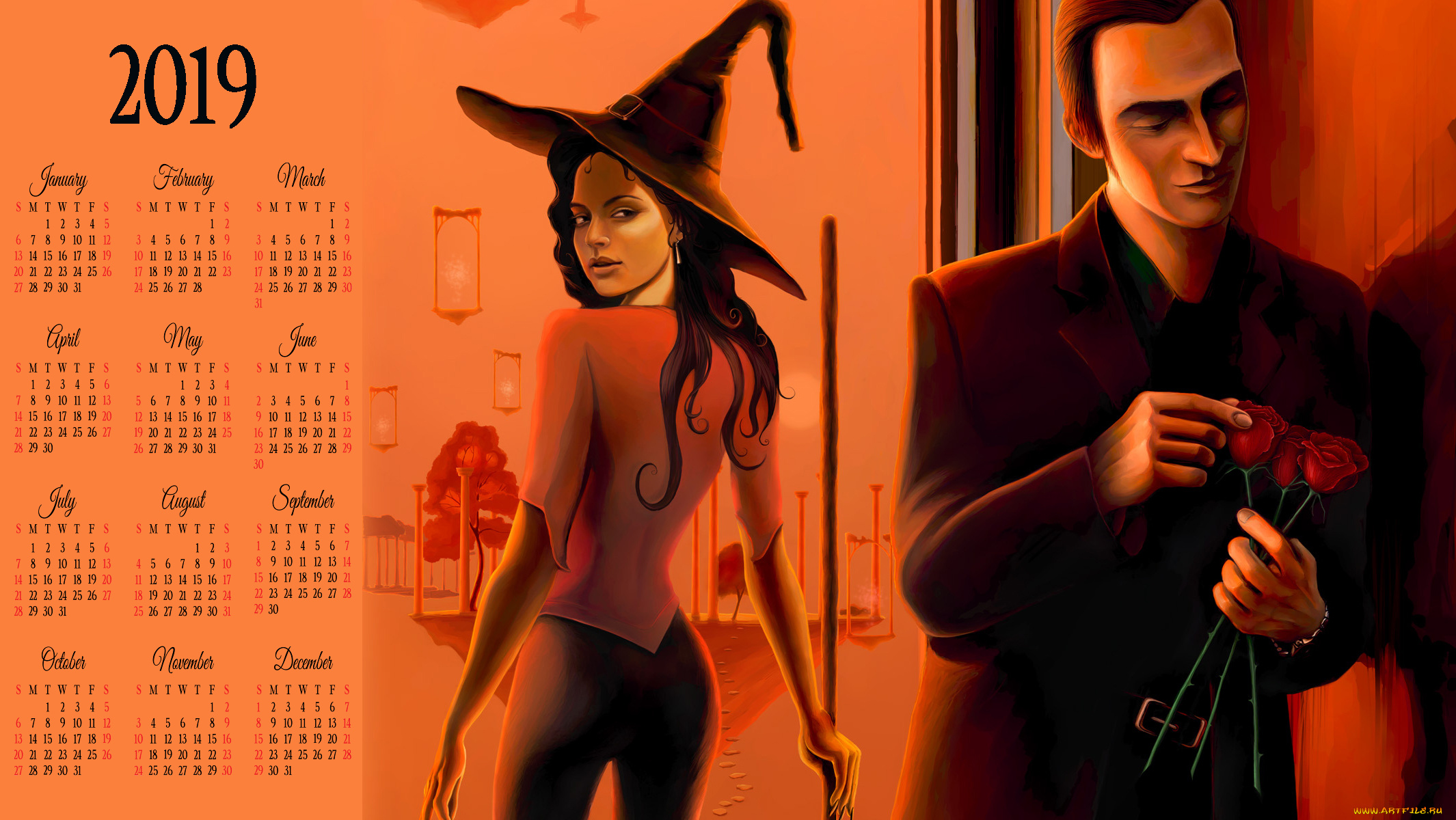 календари, рисованные, , векторная, графика, шляпа, букет, цветы, девушка, мужчина