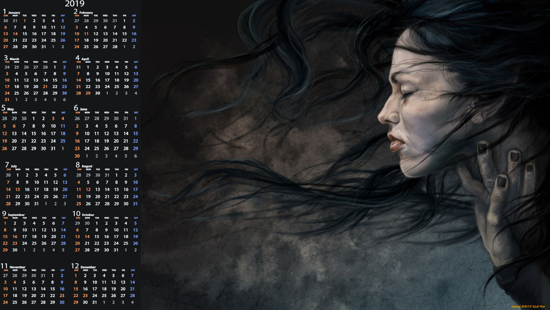 календари, рисованные, , векторная, графика, профиль, лицо, женщина