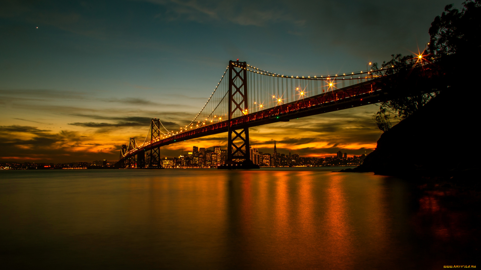 города, сан-франциско, , сша, мост, вечер, огни