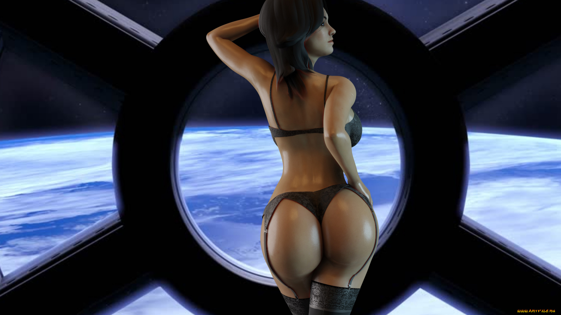 3д, графика, фантазия, , fantasy, девушка, фон, чулки, бельё, иллюминатор, космос, планета, большая, попа