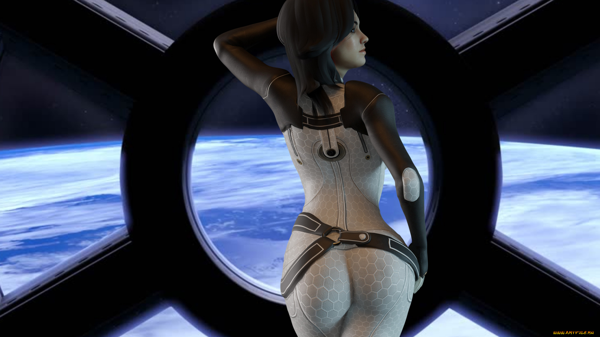 3д, графика, фантазия, , fantasy, девушка, фон, униформа, иллюминатор, космос, планета, большая, попа