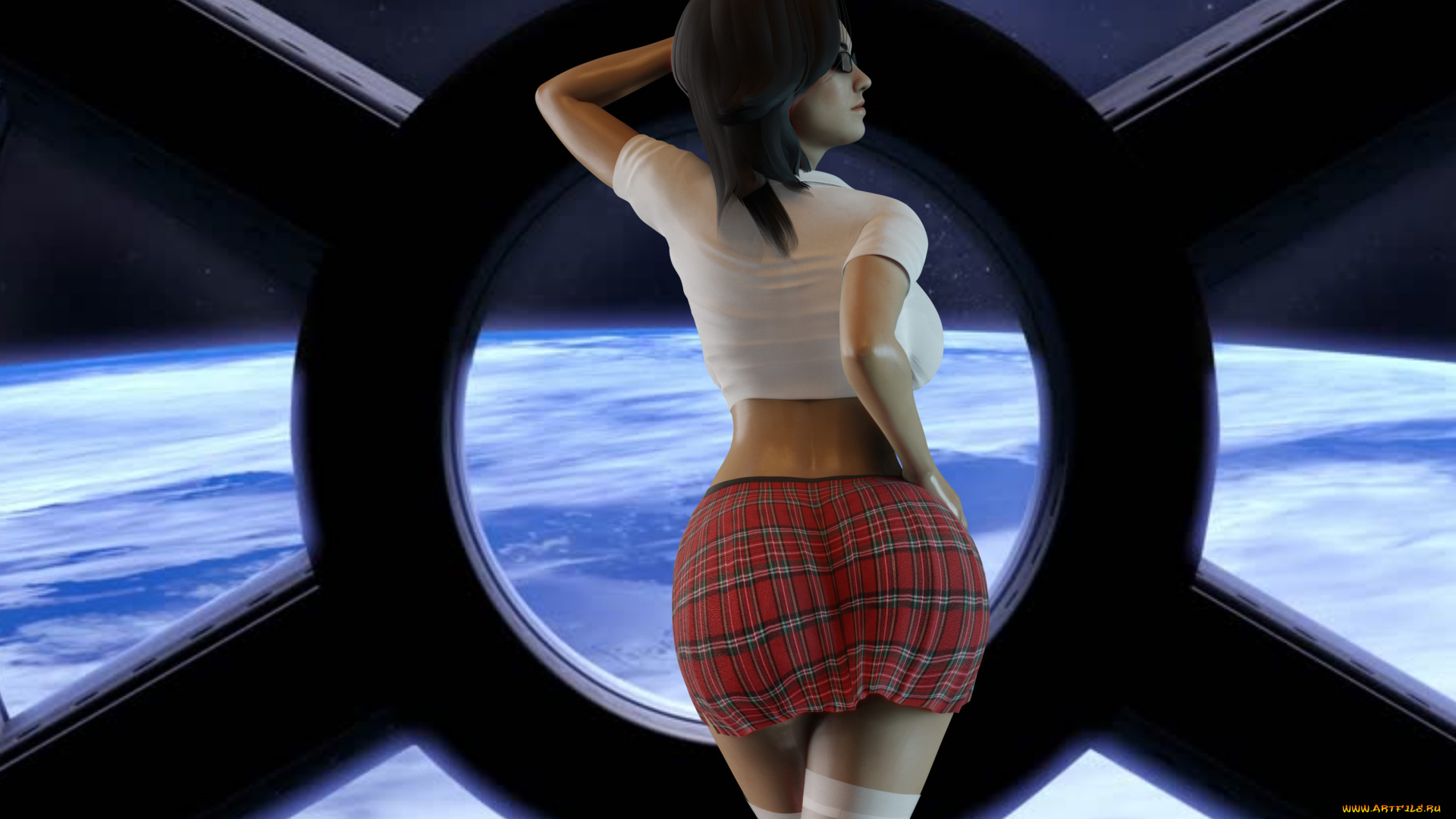 3д, графика, фантазия, , fantasy, девушка, фон, иллюминатор, юбка, чулки, космос, планета, большая, попа