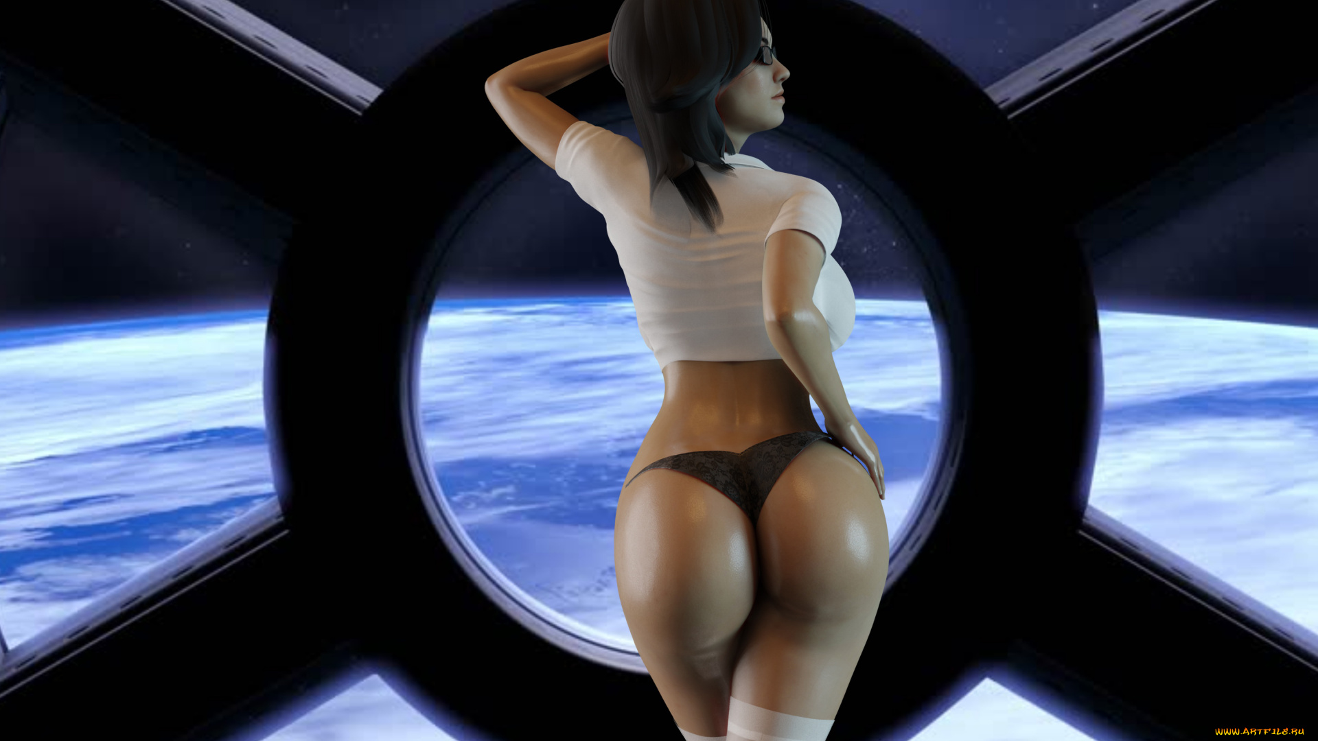 3д, графика, фантазия, , fantasy, девушка, фон, иллюминатор, космос, планета, большая, попа, чулки