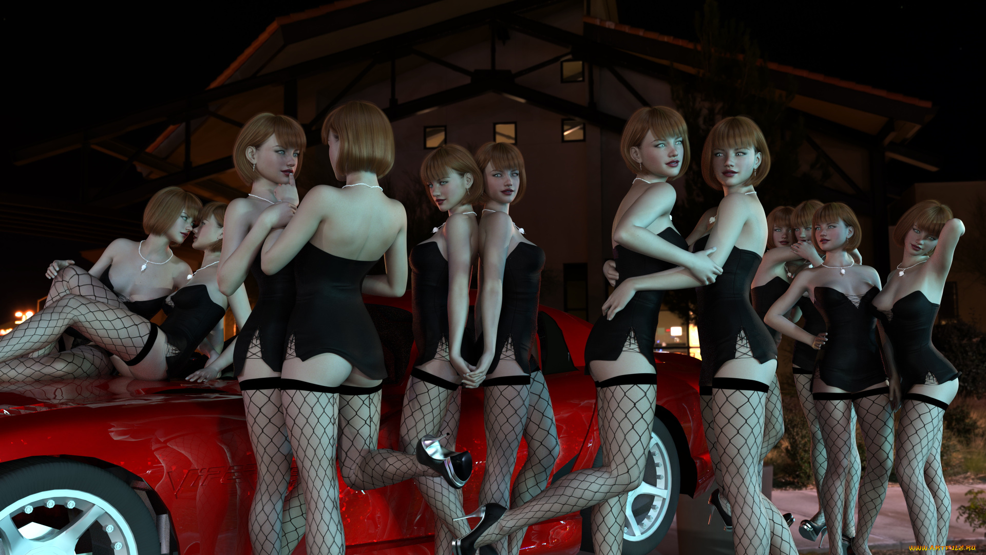 3д, графика, люди-авто, мото, , people-, car, , , moto, девушки, фон, взгляд, чулки, автомобиль