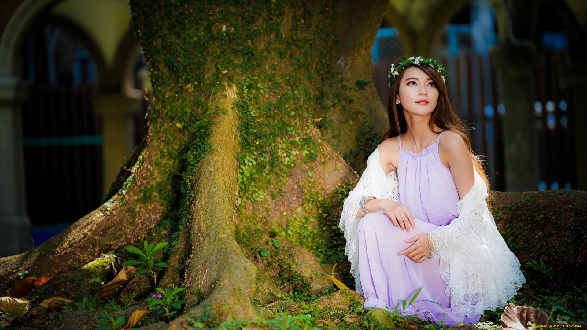 девушки, -, азиатки, дерево, азиатка, венок