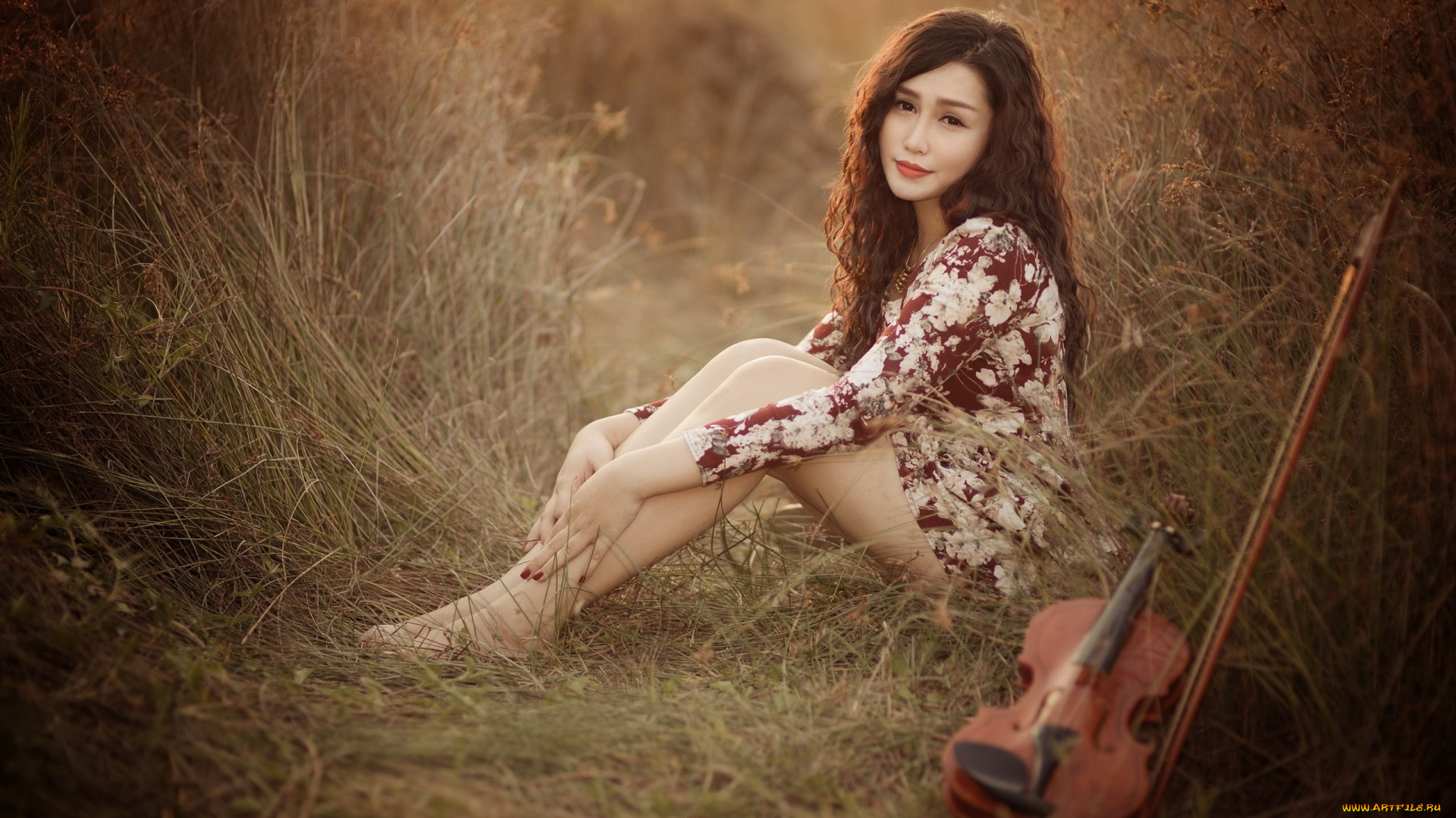 девушки, -, азиатки, трава, азиатка, скрипка