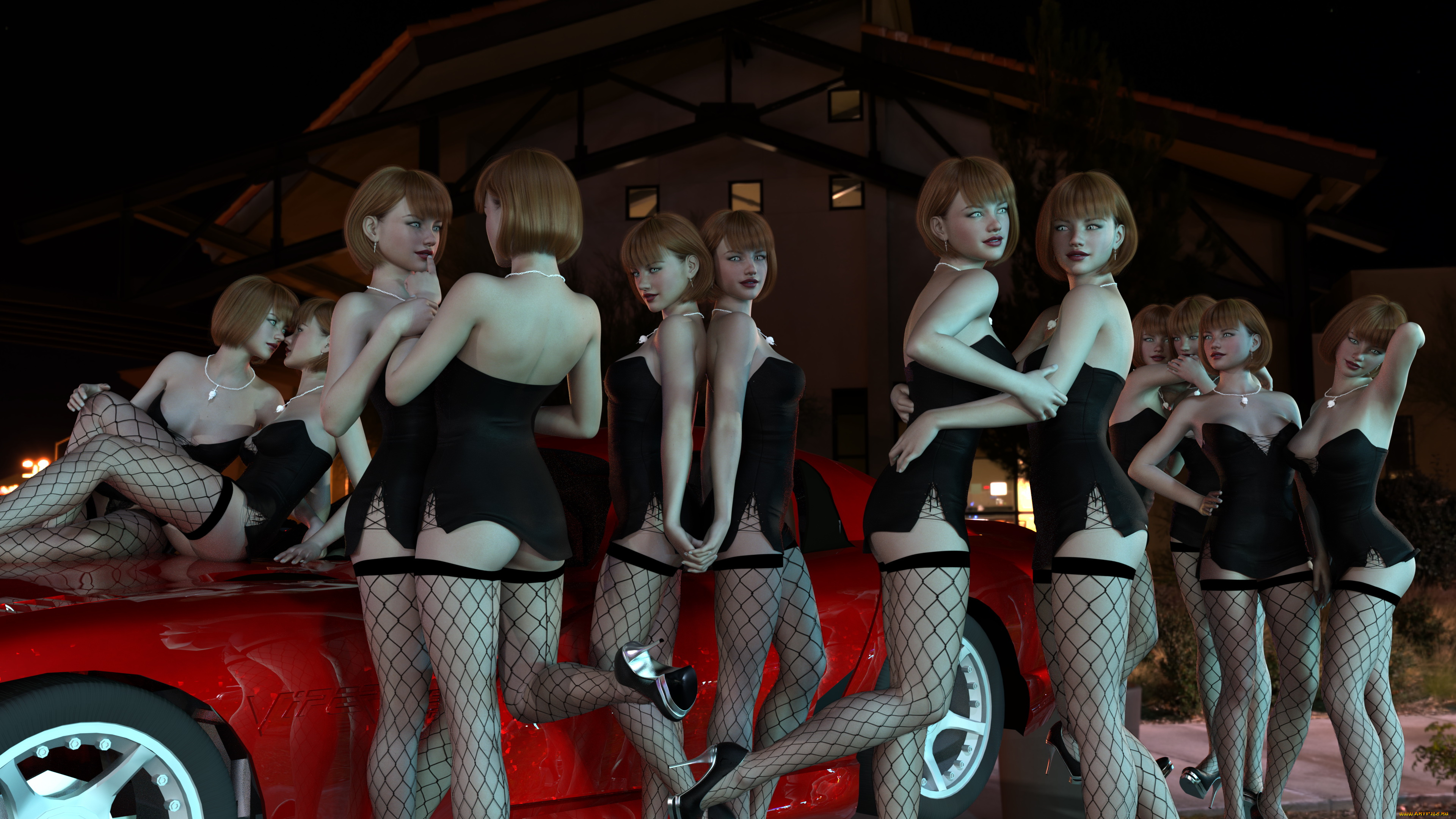 3д, графика, люди-авто, мото, , people-, car, , , moto, девушки, фон, взгляд, чулки, автомобиль