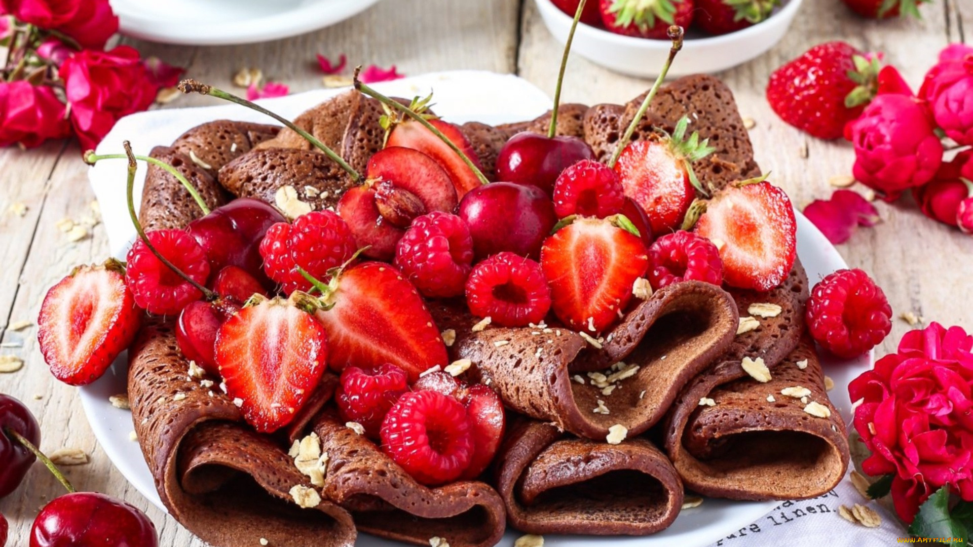 еда, блины, , оладьи, десертные, клубника, малина, вишни