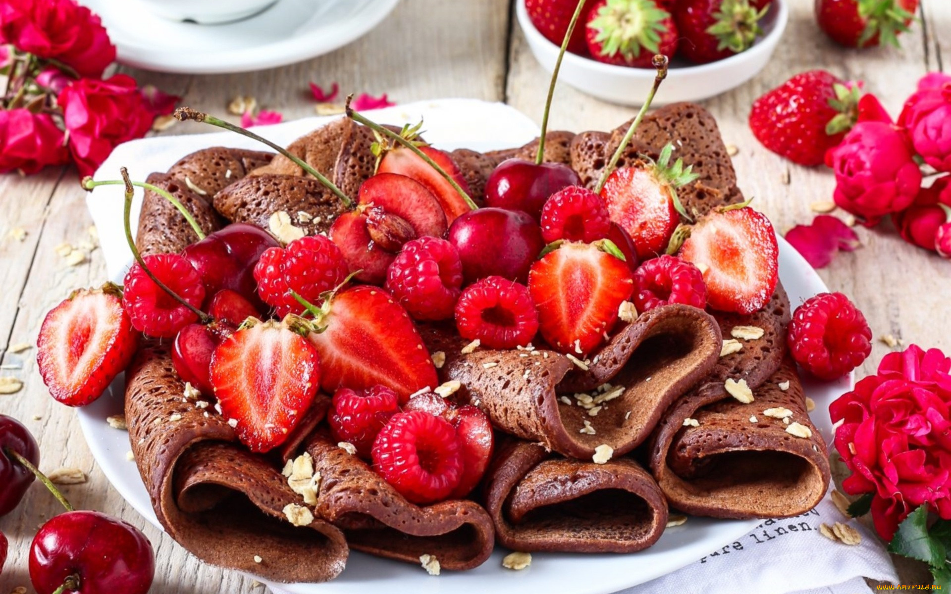 еда, блины, , оладьи, десертные, клубника, малина, вишни