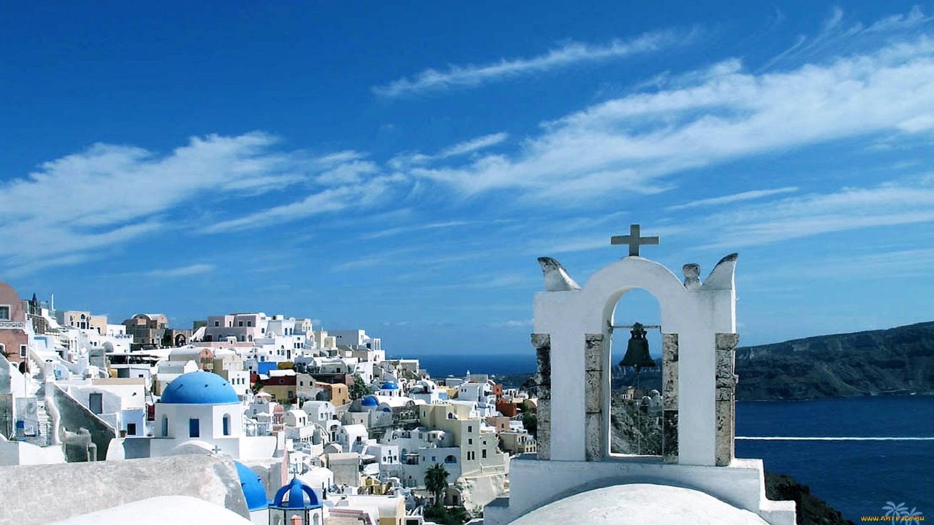 города, санторини, , греция, дома, колокол, остров, море