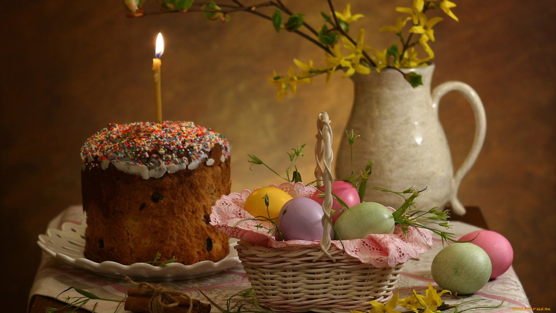 праздничные, пасха, кулич, свеча, яйца, корзина, кувшин, ветки