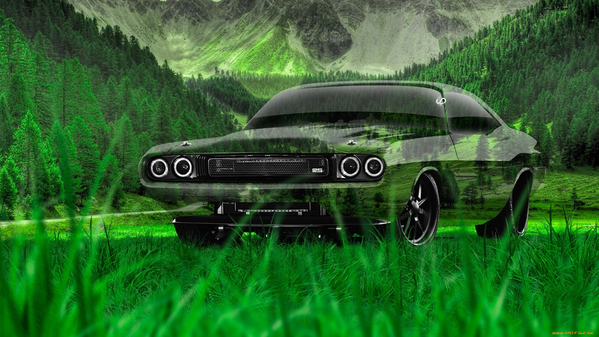 разное, компьютерный, дизайн, dodge, challenger, машина, трава, горы, лес