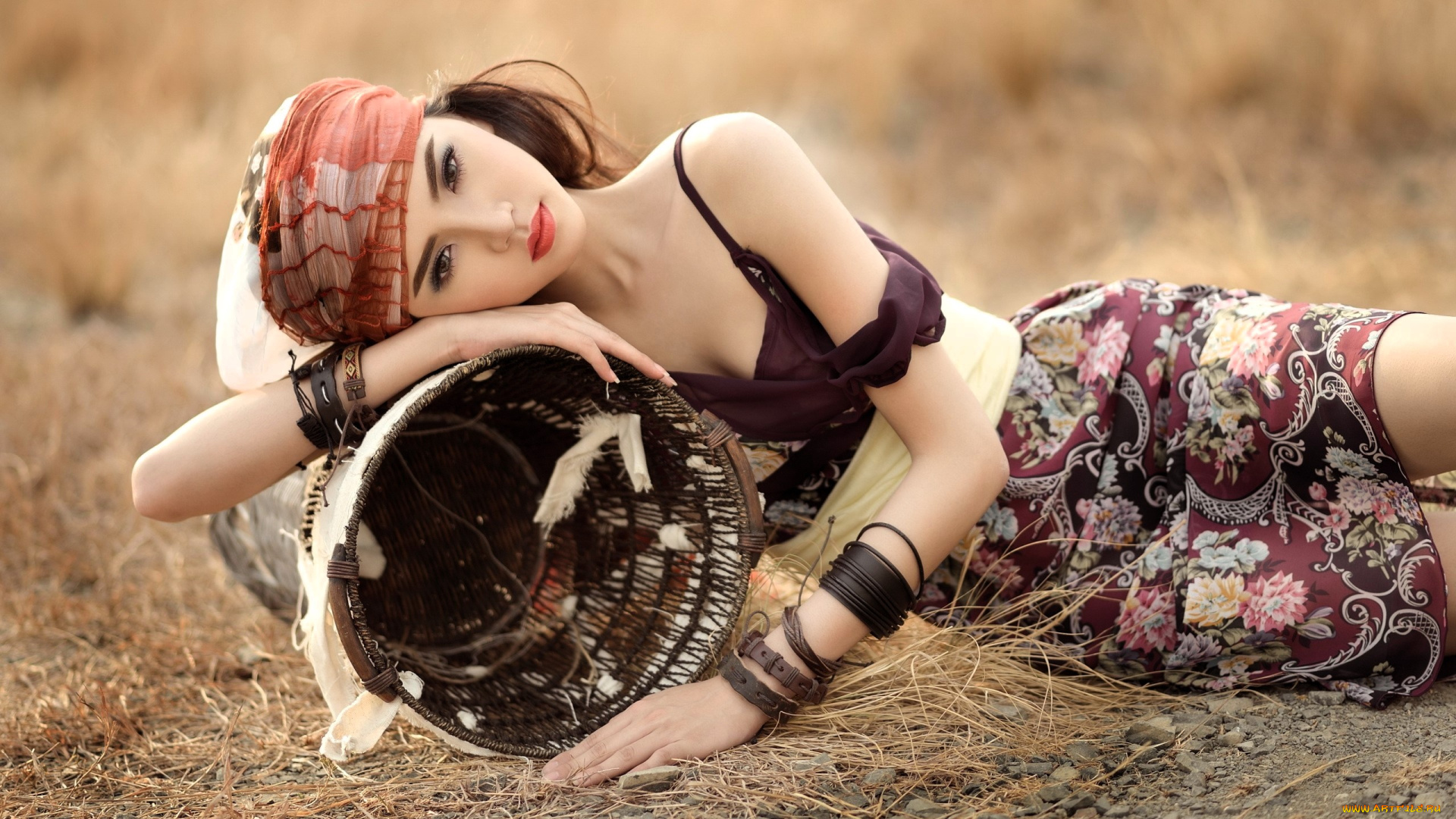 девушки, -, азиатки, наряд, корзина