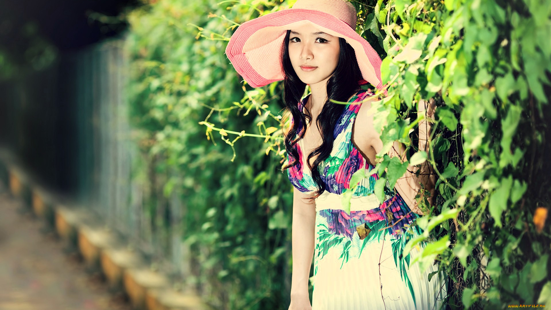 девушки, -, азиатки, шляпа, сарафан, кусты, забор