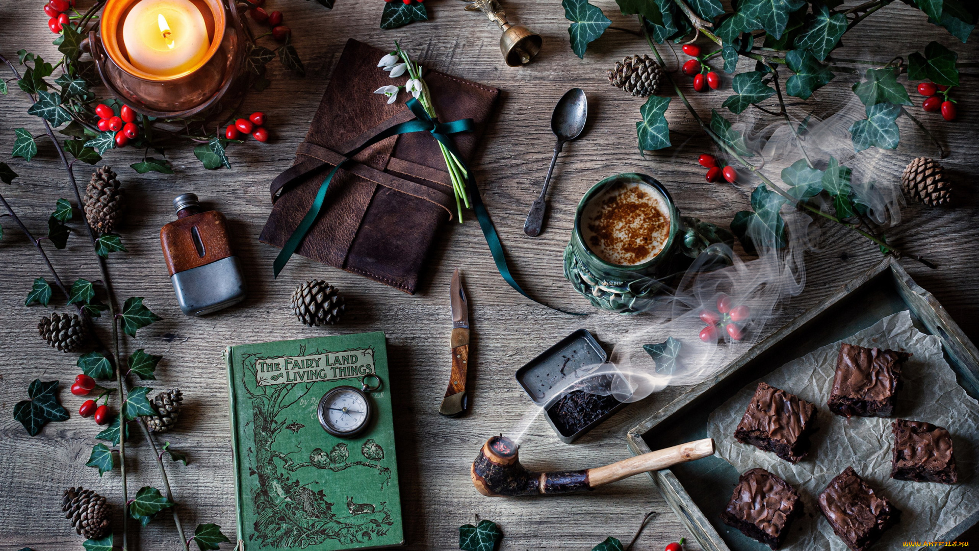 еда, натюрморт, свеча, кофе, пирожные, курительная, трубка