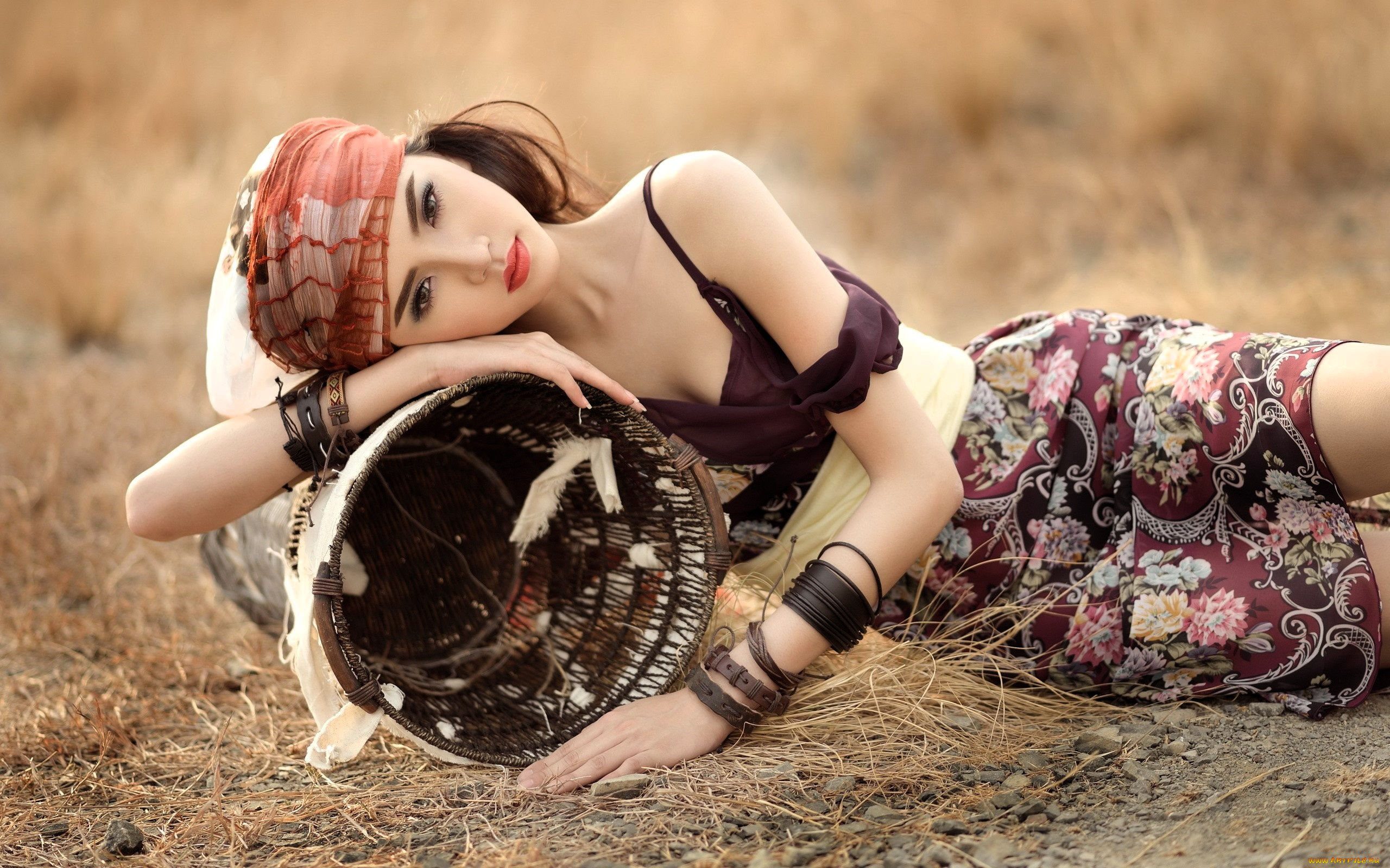 девушки, -, азиатки, наряд, корзина