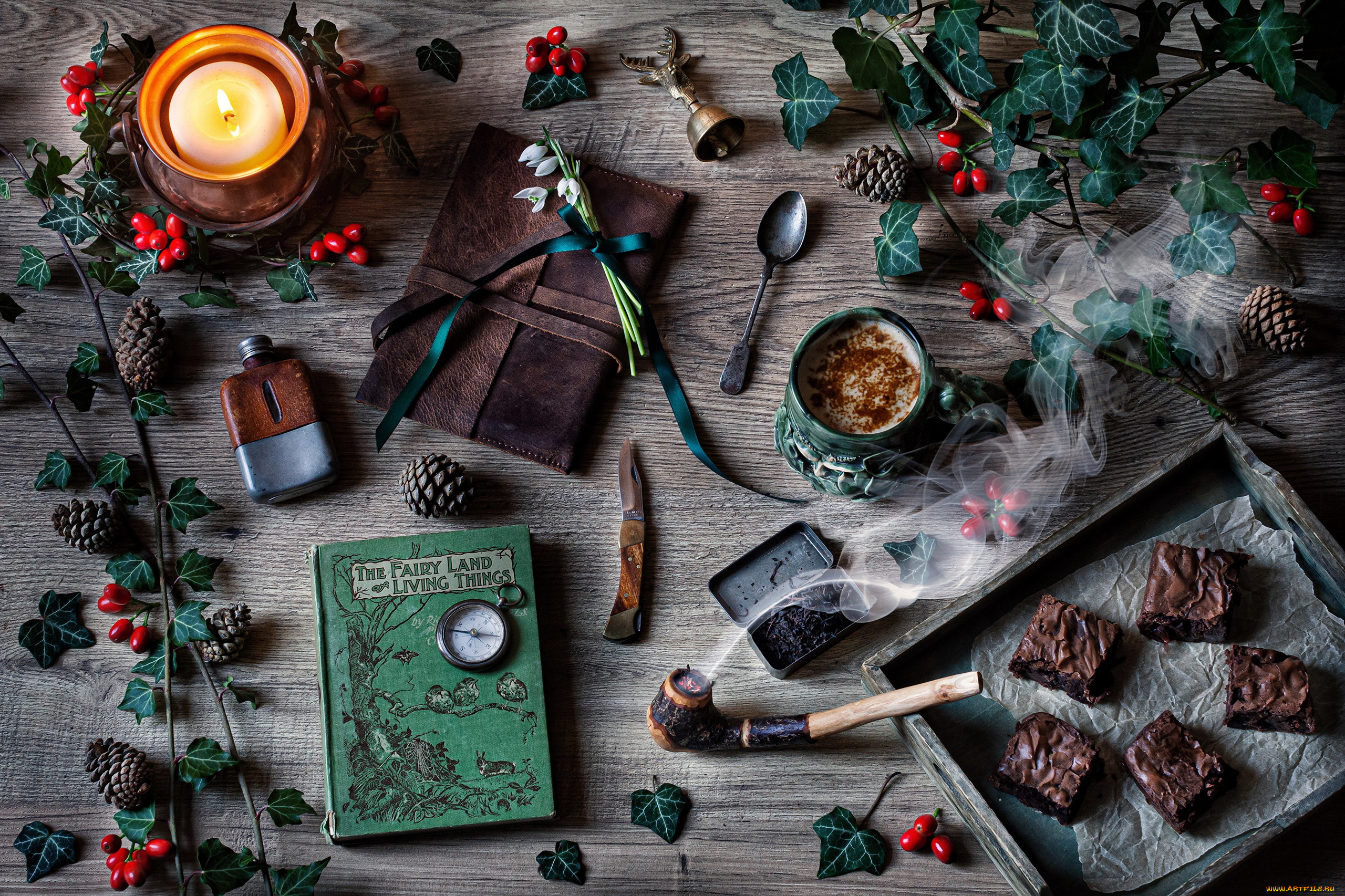 еда, натюрморт, свеча, кофе, пирожные, курительная, трубка