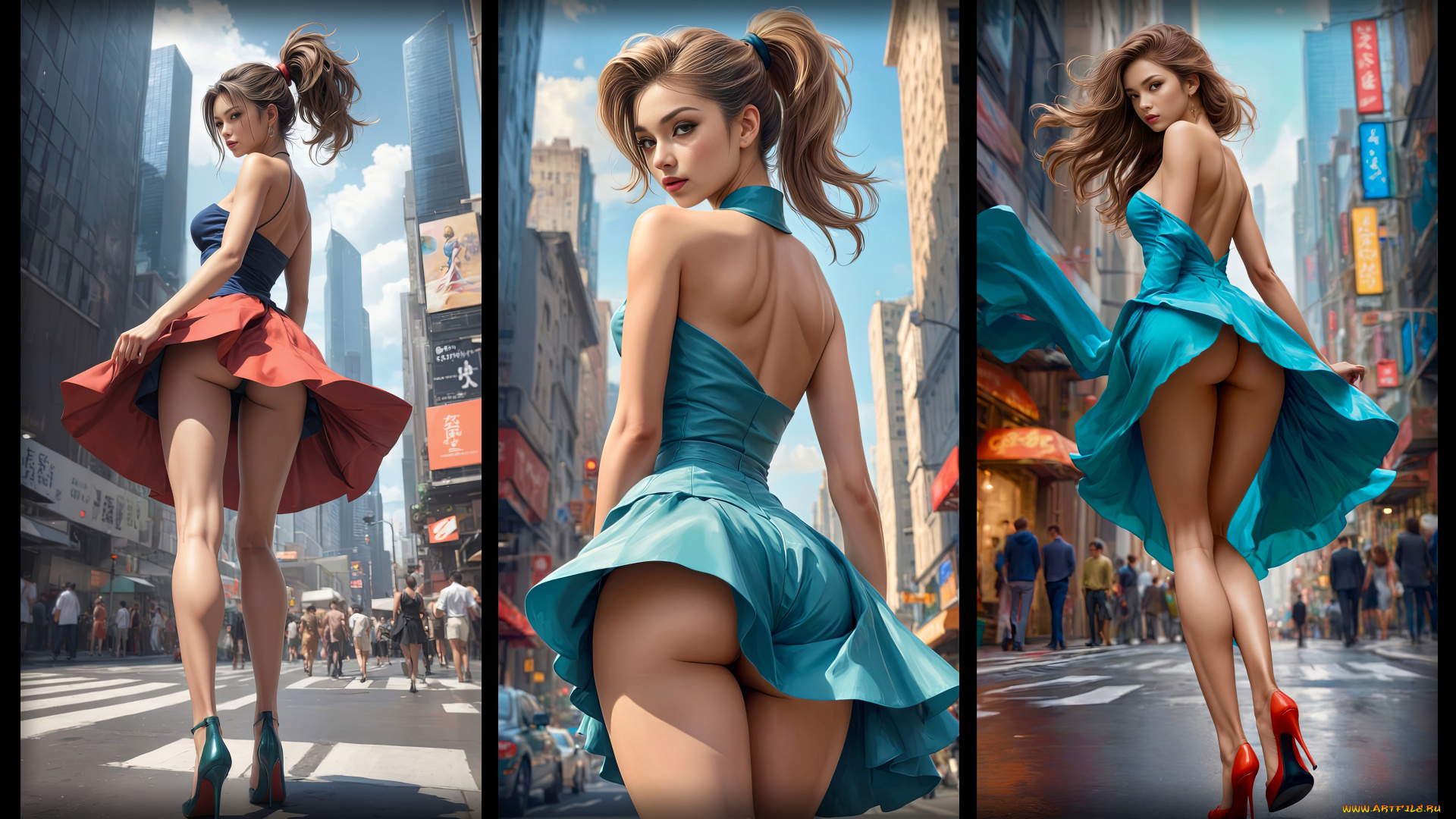 эро-графика, нейрографика, девушки, нейросеть, коллаж, upskirt, платье, задралось, приподняла, ветер, трусики, вид, сзади