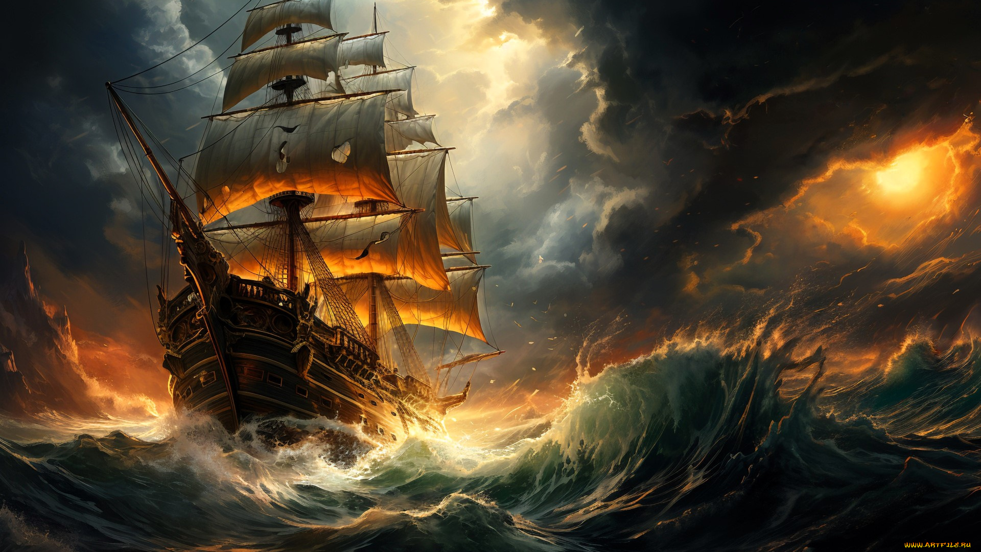 фэнтези, корабли, корабль, парусник, море, шторм, тучи