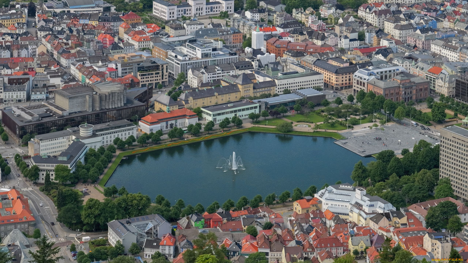 города, берген, , норвегия, водоем, фонтан, панорама