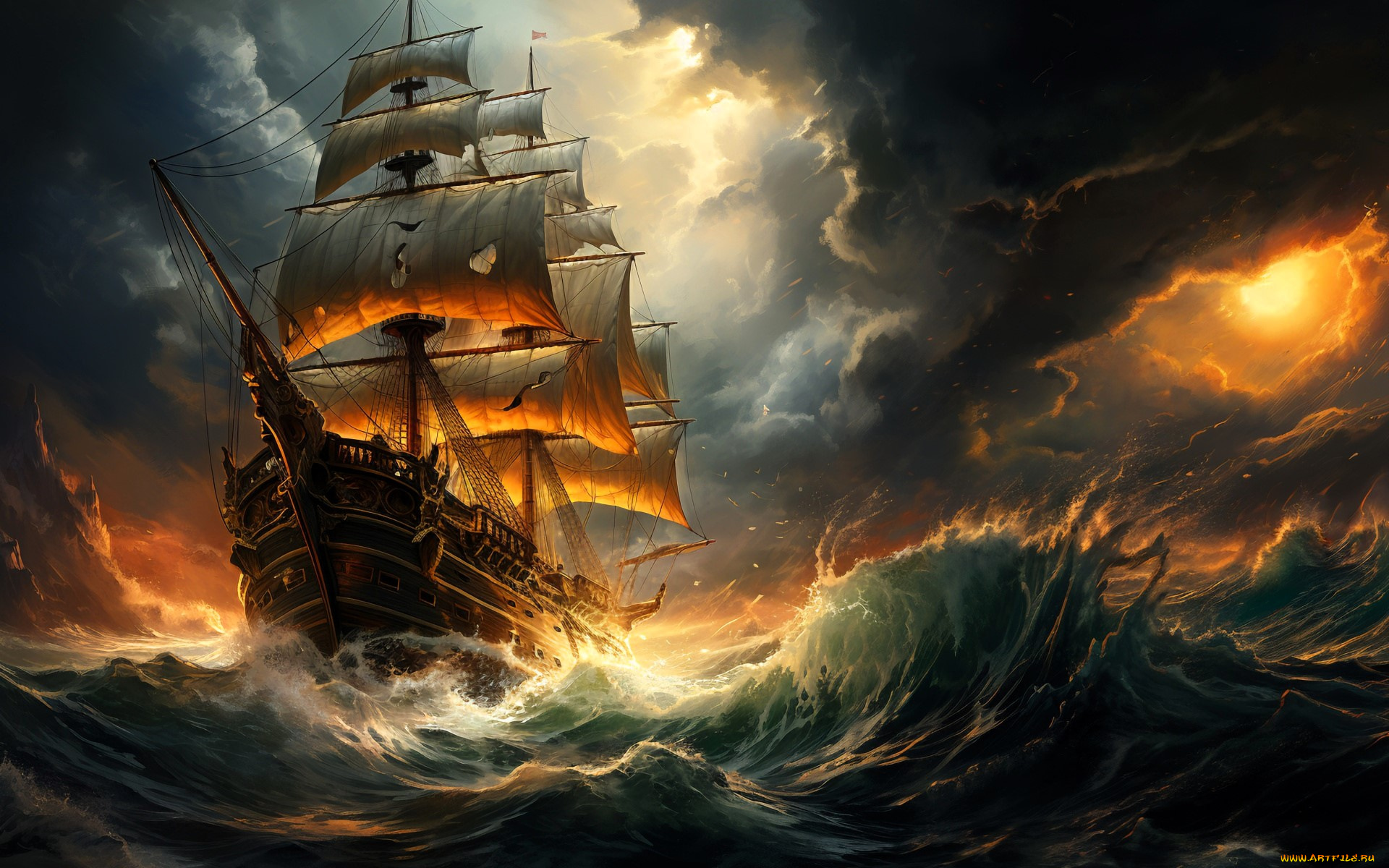 фэнтези, корабли, корабль, парусник, море, шторм, тучи