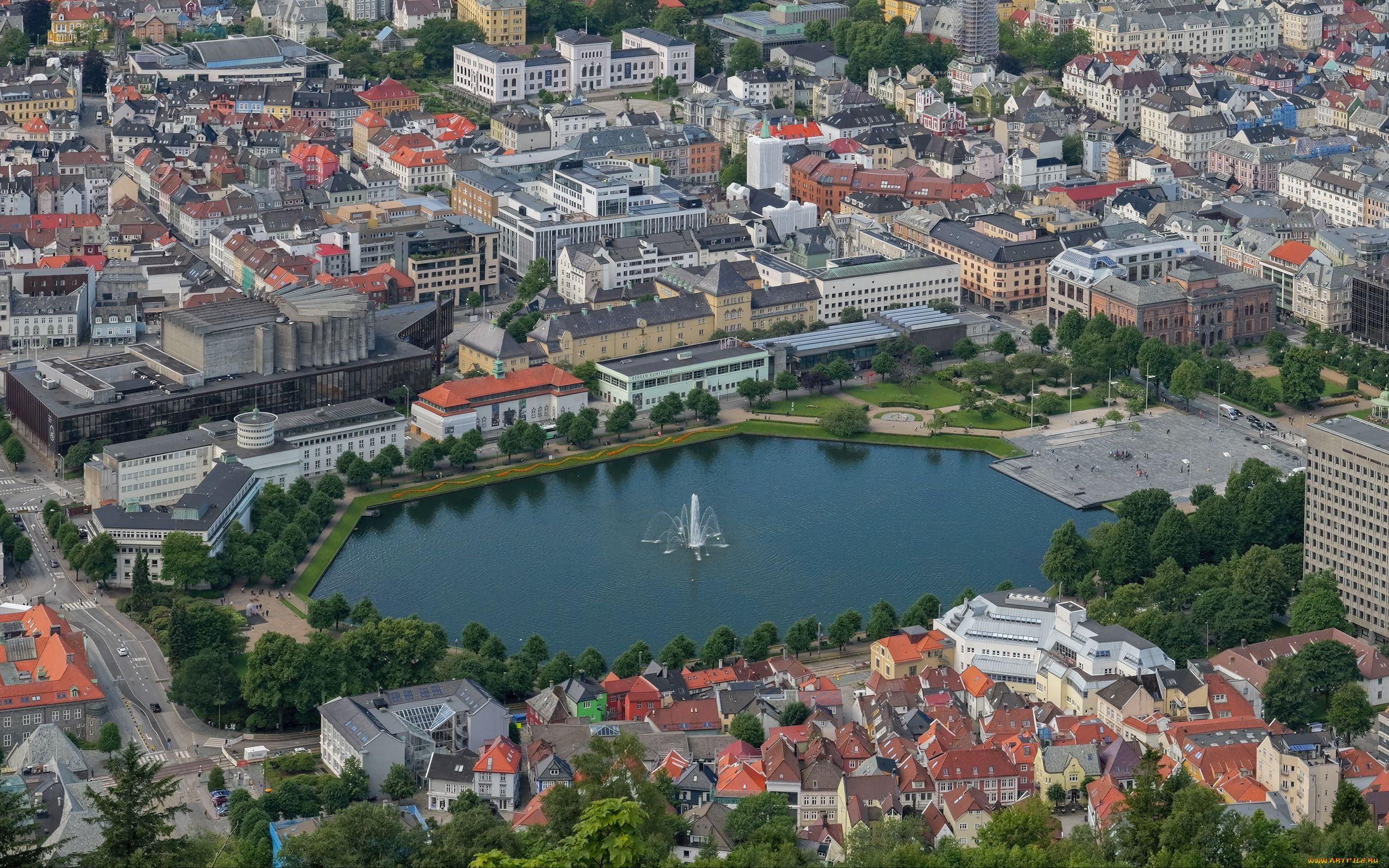 города, берген, , норвегия, водоем, фонтан, панорама