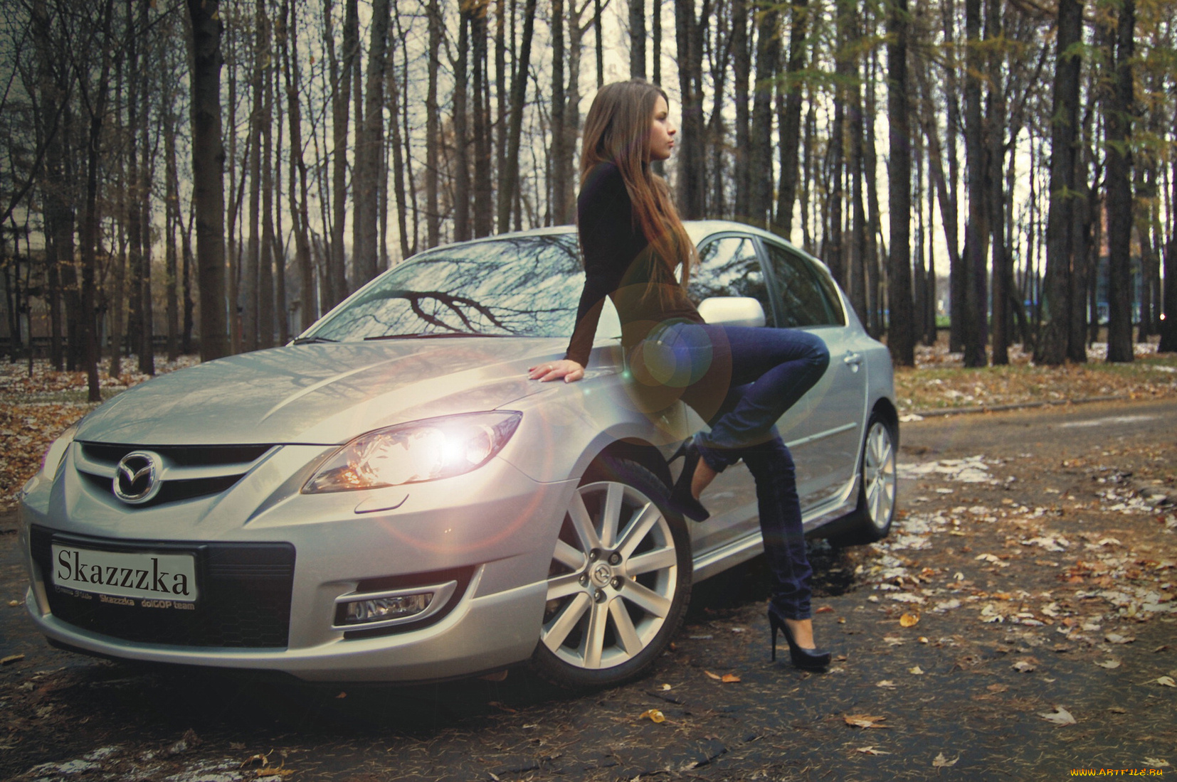 автомобили, авто, девушками, осень, девушка, мазда