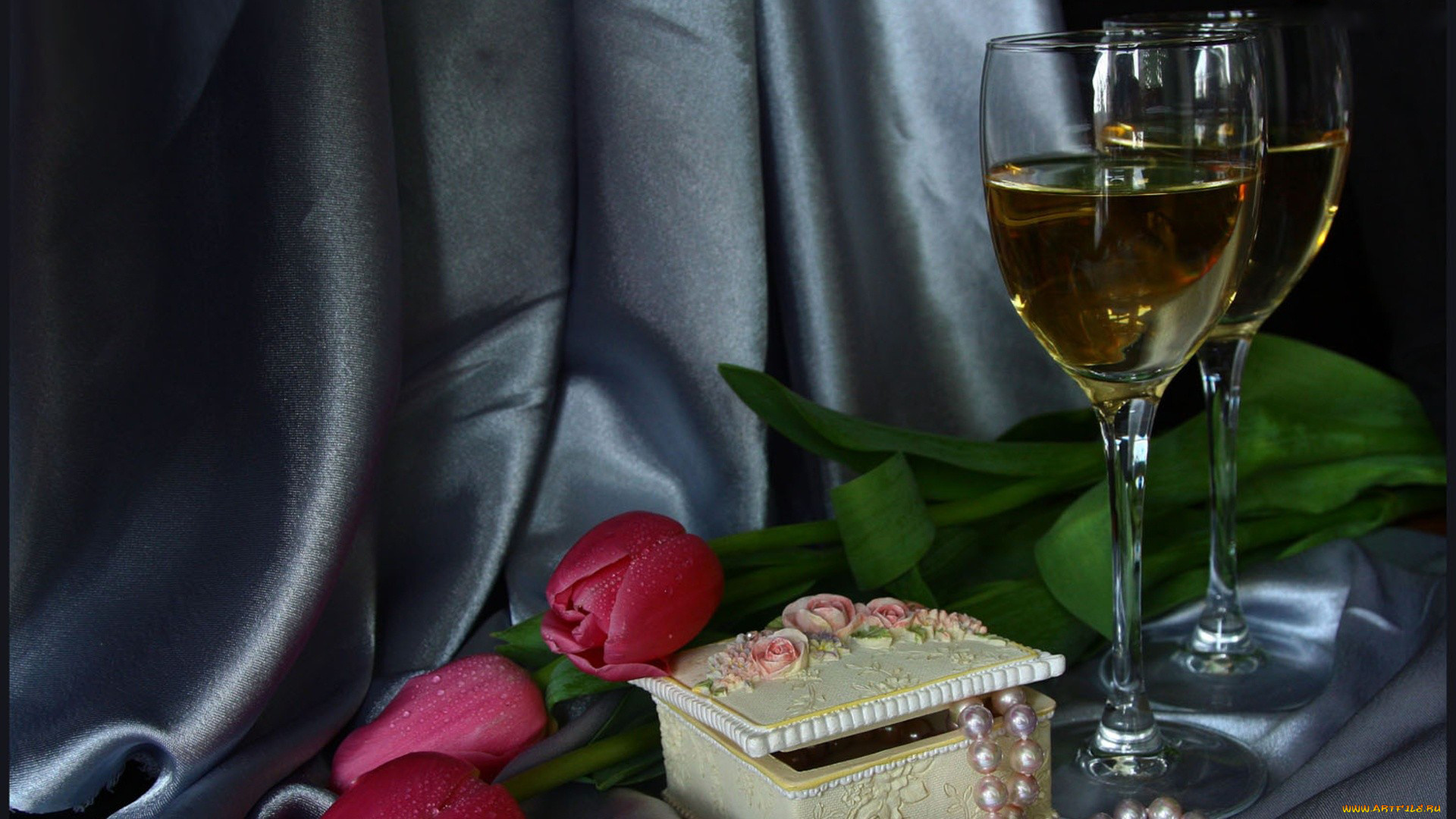 еда, напитки, вино, жемчуг, тюльпаны, бокалы, шкатулка